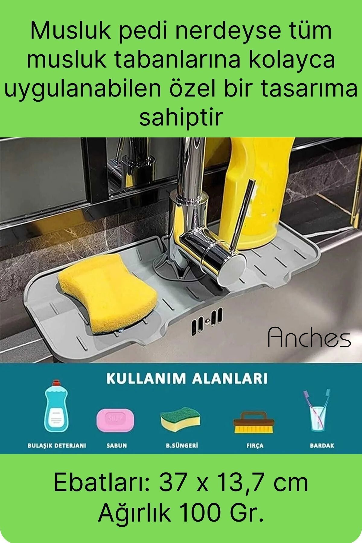 MeYsOh Mutfak Banyo Lavabo Silikon Musluk Arkası Mat Oluklu Su Tutucu Tezgah Üstü Bulaşık Kurutma Pedi