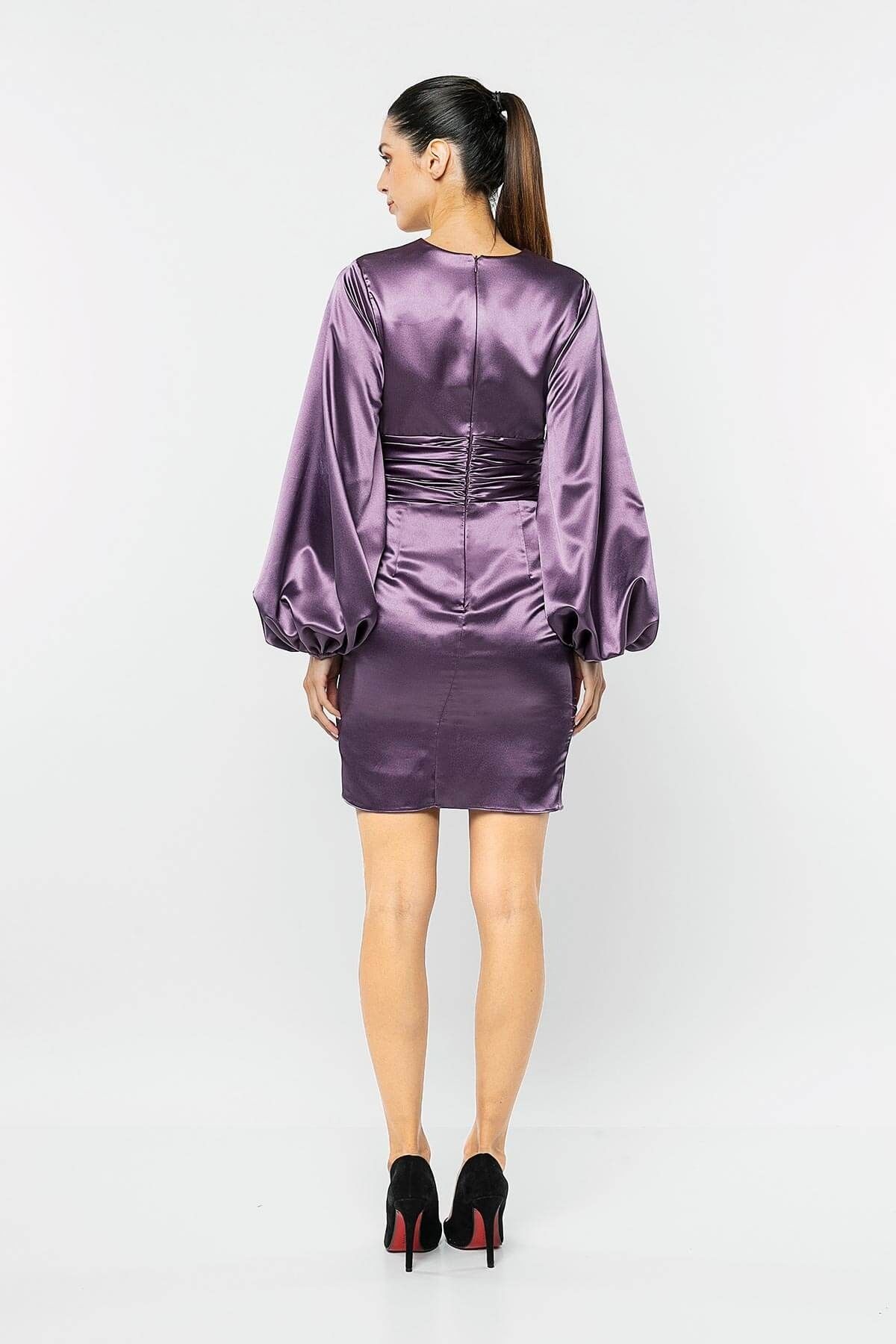 INVIDIA-Balloon Sleeve Draped Satin Mini Dress 6