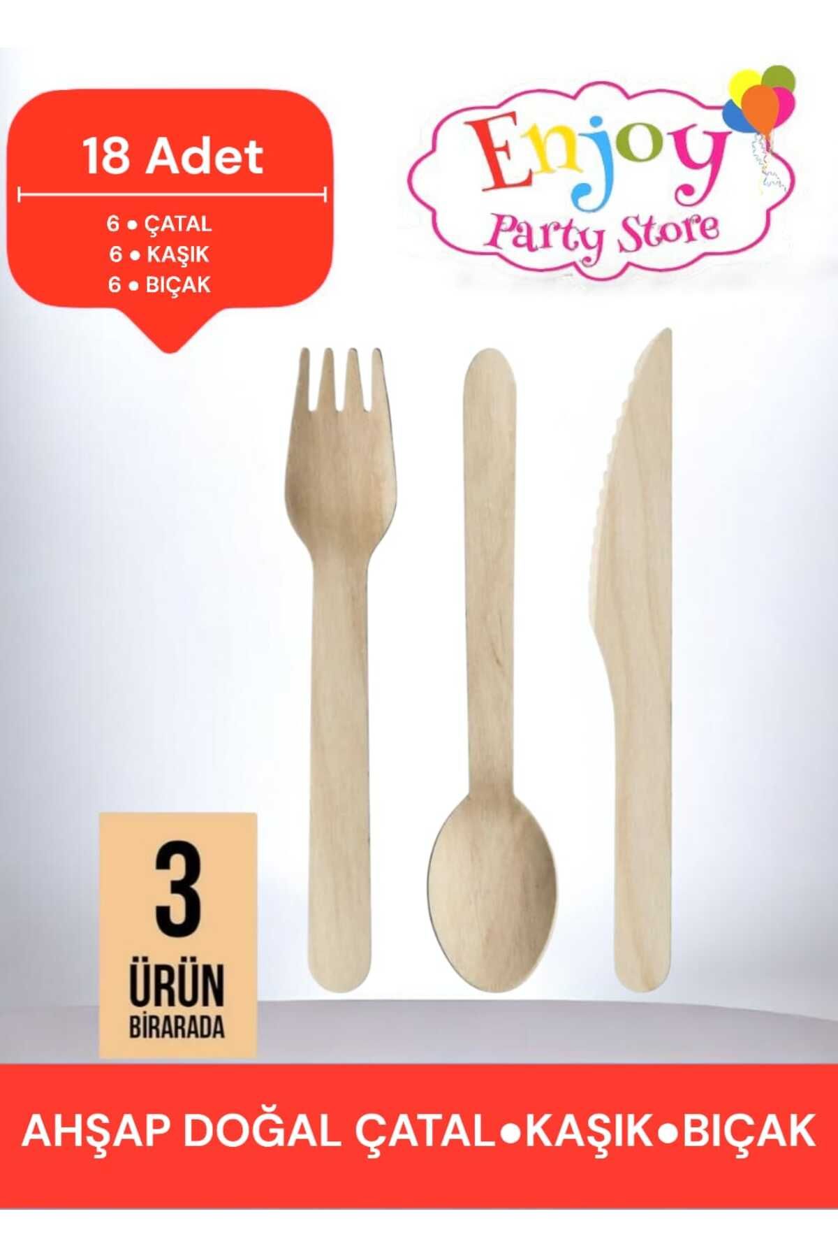 Enjoy Party Store Kullan At Ahşap Tahta Kaşık Çatal Bıçak Set 18'Lİ ( 6 Çatal 6 Kaşık 6 Bıçak) DOĞAL AHŞAP