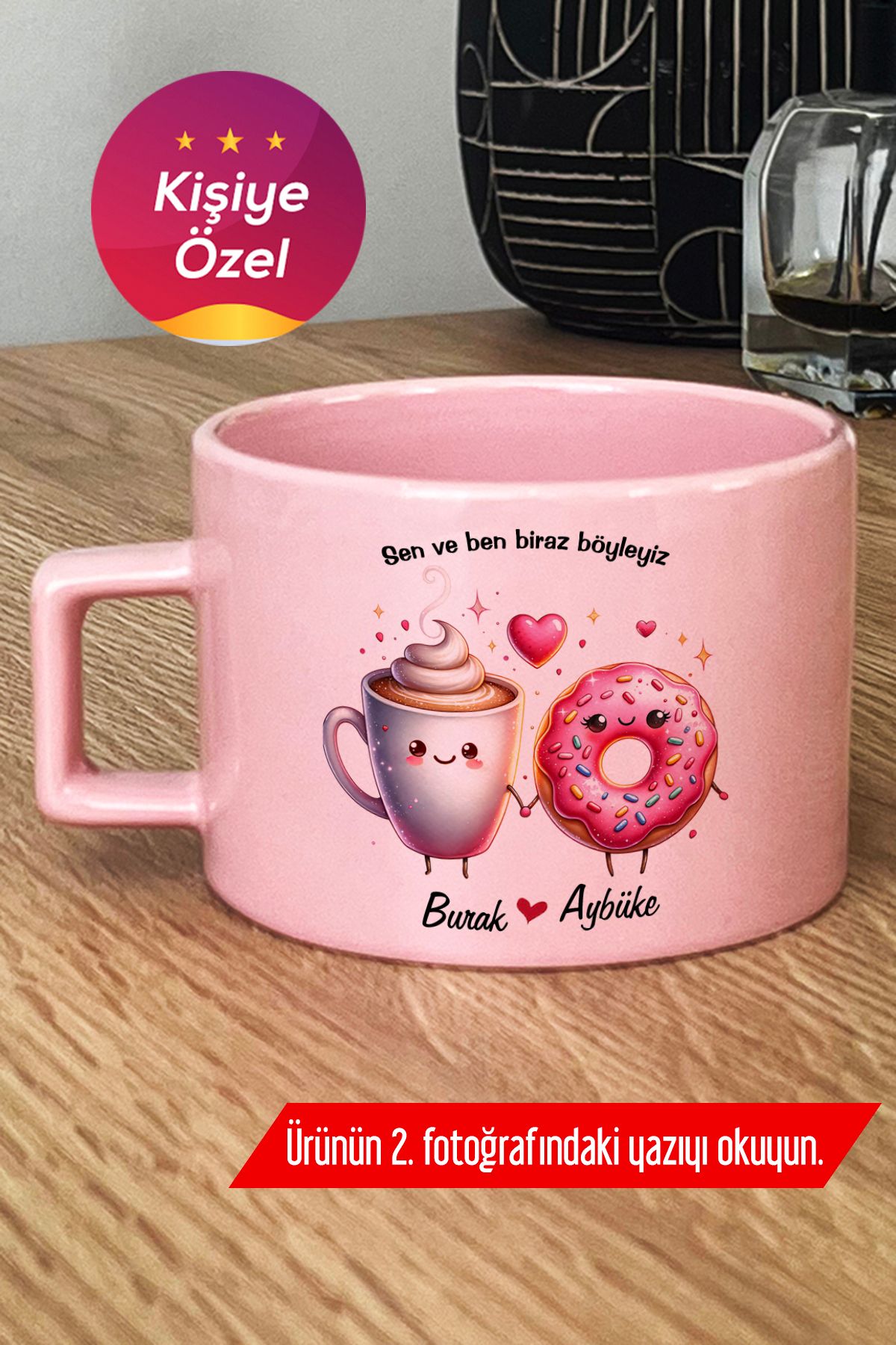 Hedizu Kişiye Özel Kahve ve Donat Pastel Fincan Pembe Sevgililer Günü Hediyesi S7O E1J