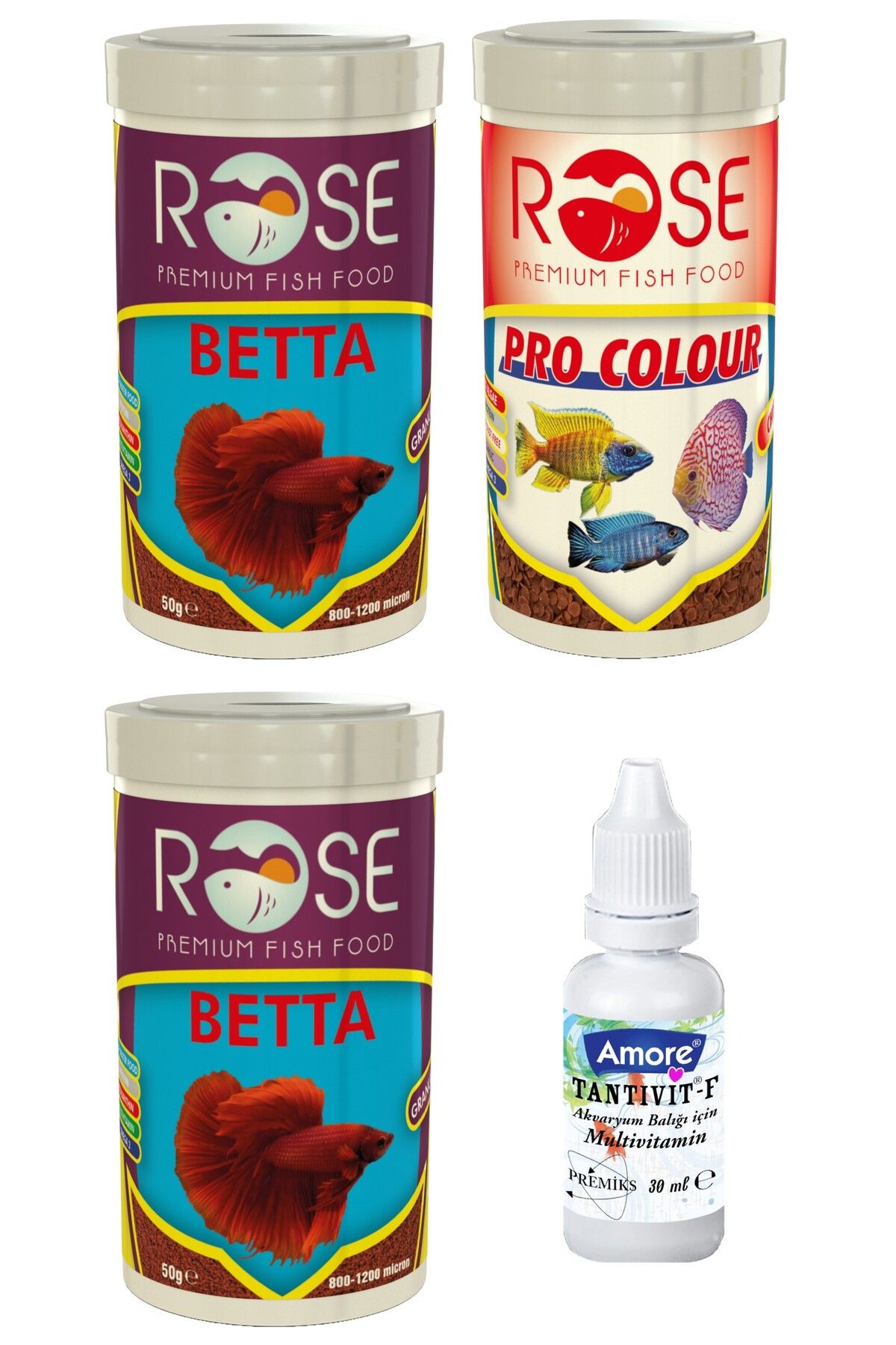 Rose Betta Granulat 2x100ml, Rose Pro Colour Chips 100ml Kutu Balık Yemi, Multivitamin