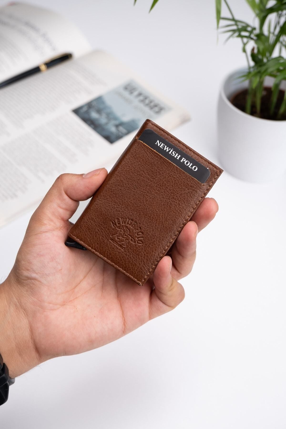 Newish Portofel Pentru Bărbați Din Piele Naturală, Cu Mecanism Din Aluminiu, Cu Suport Pentru Carduri (6,5x10cm) Unisex - One Size