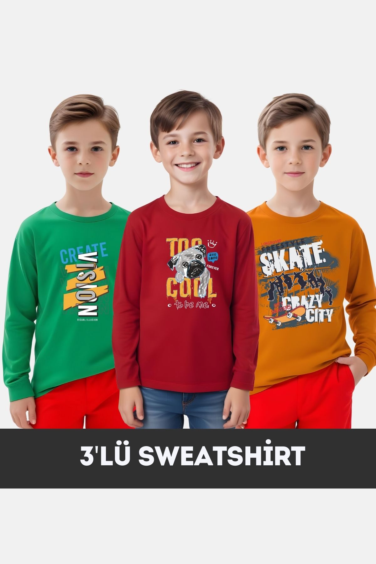 FYK KİDS-Fyk Ki̇ds Boy's Crycling Collar 3-Piece Basic Sweatshirt 1