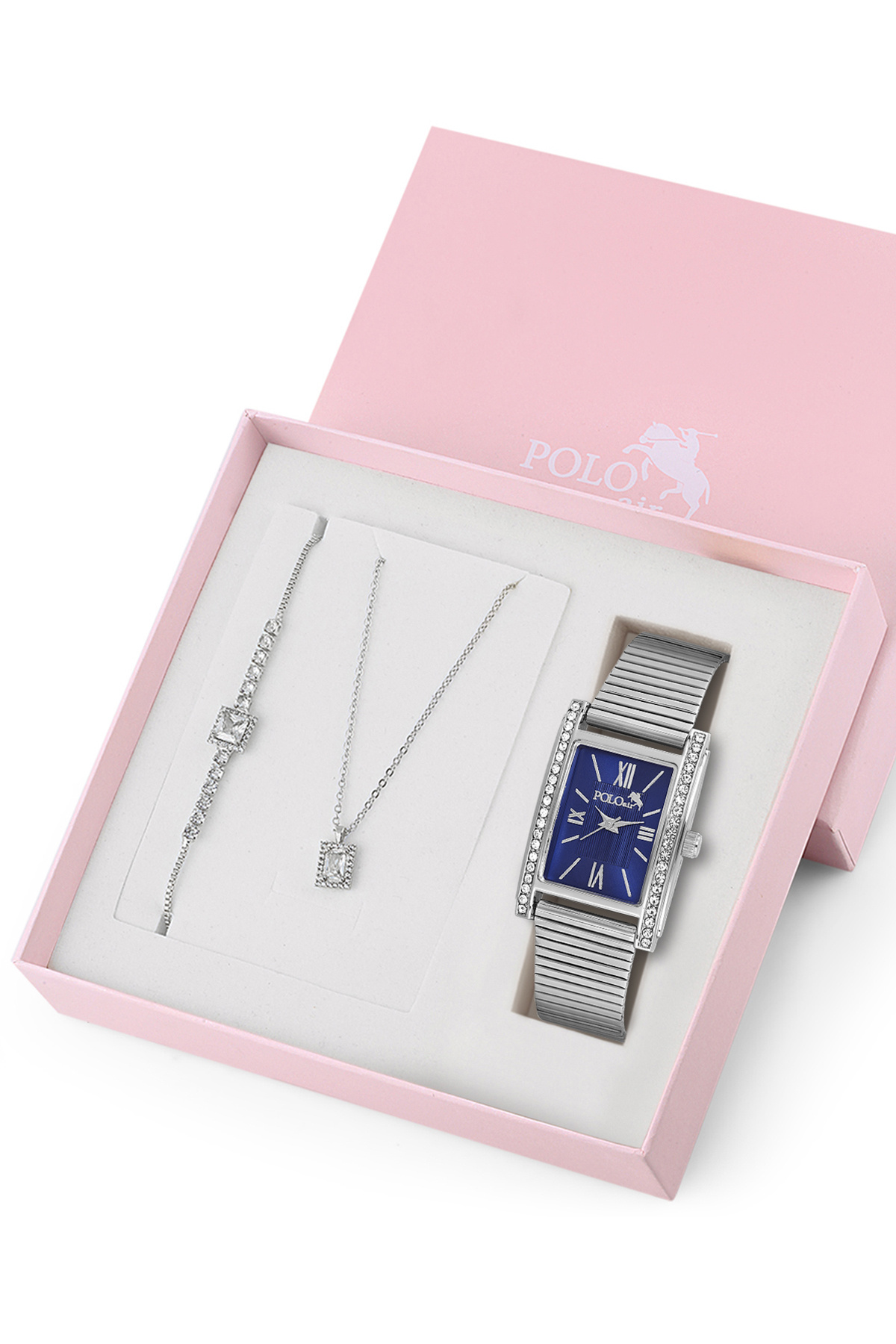 Polo Air Lüx Taşlı Kadın Kol Saati Zirkon Taşlı Kolye Bileklik Özel Kombin Set Gümüş Lacivert Renk ST-2153S6