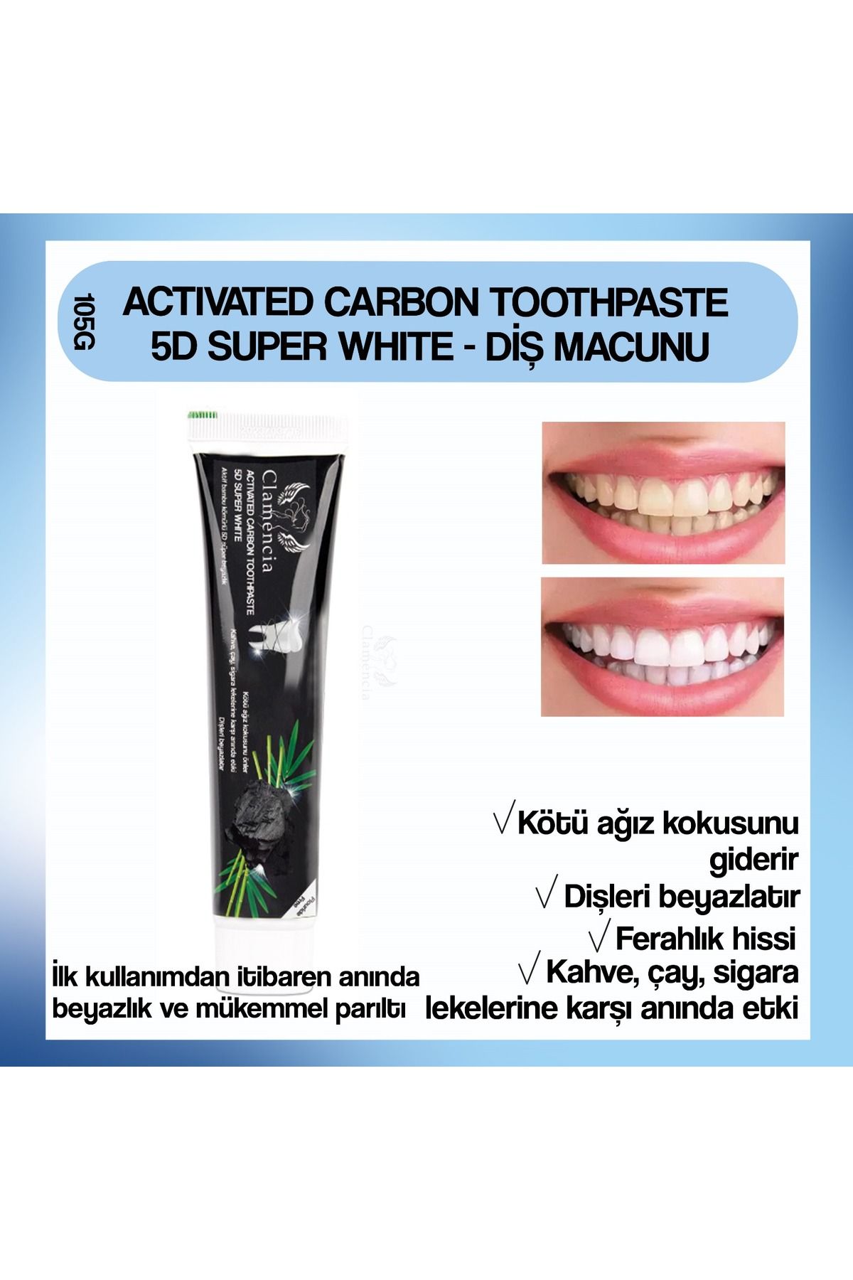 CLAMENCİA ACTIVATED CARBON TOOTHPASTE 5D SUPER WHITE - DİŞ MACUNU