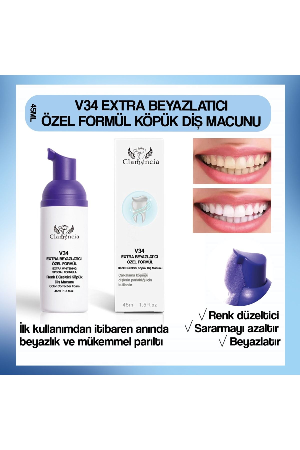 CLAMENCİA V34 EXTRA BEYAZLATICI ÖZEL FORMÜL KÖPÜK DİŞ MACUNU