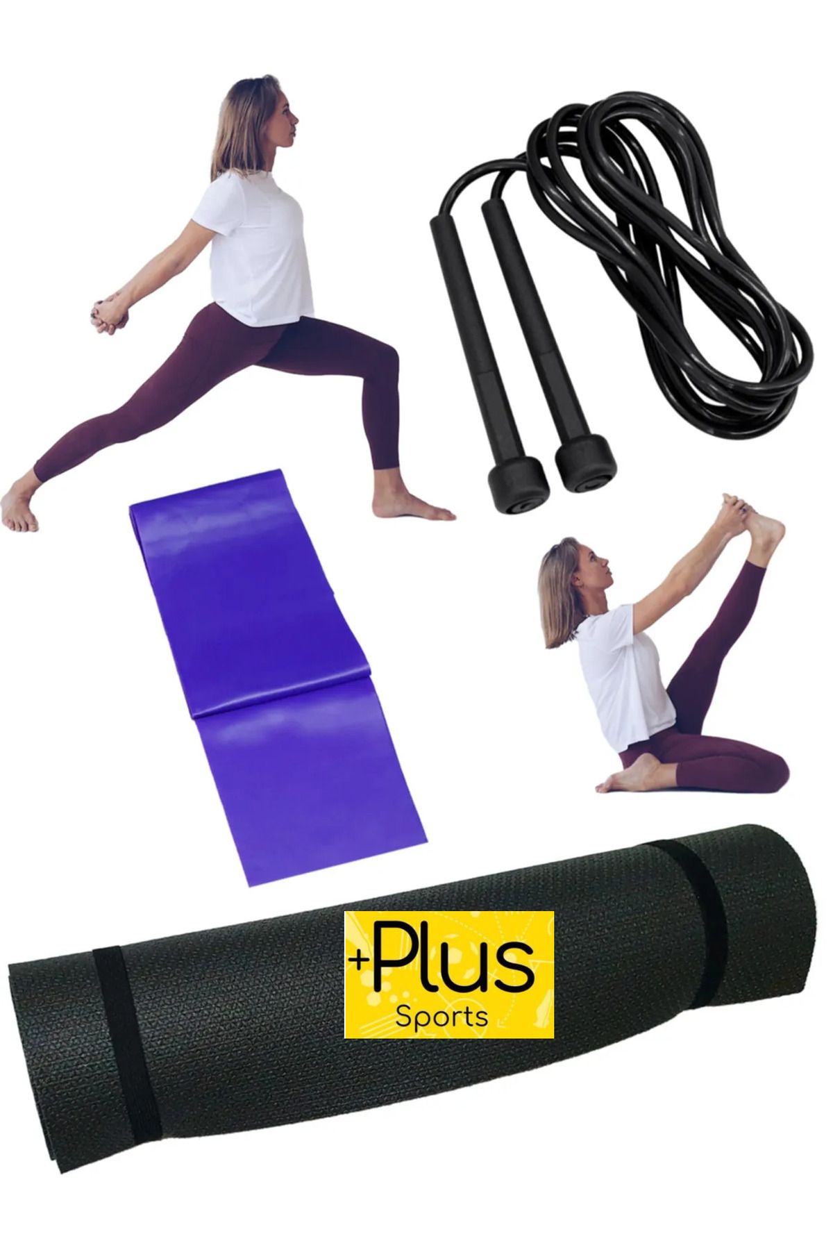 PLUSSPORT 3 Parça DELUXE Pilates Seti Pilates Minderi Sporcu Atlama Ipi Direnç Lastiği Yoga Matı Pilates Matı