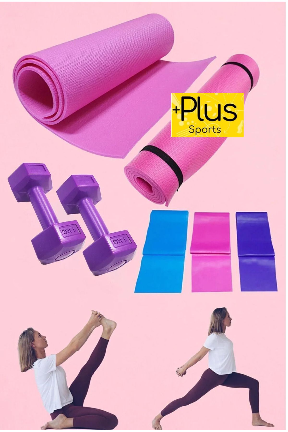 PLUSSPORT 7mm Pilates Minderi 3'lü Pilates Lastiği Ve 1 Kg Çiftli Dumbell Premium Egzersiz Seti