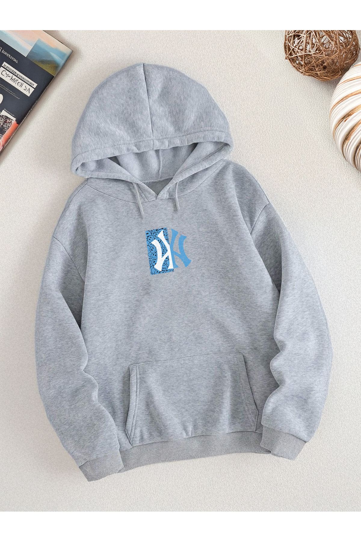 De Carte-Ny Blue Printed Oversize Seasonal Casual Hooded Sweatshirt 1