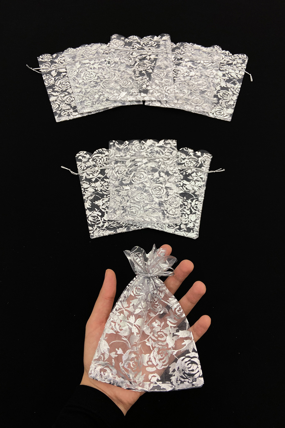 ZEYMERADE Gümüş Güllü Kına Çerez Nişan Hediye Kesesi 50 Adet Ölçü 12x15cm, Nikah Düğün Bride Mevlüt Sünnet