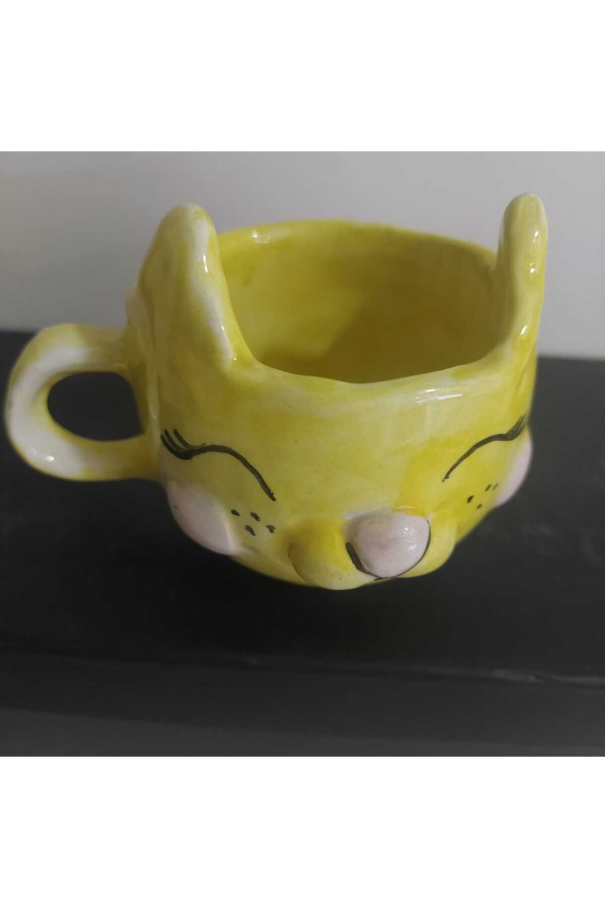 esdekor-Small Cat Themed Mug Fully Handmade Ceramic Double Coffee 1 Piece 5