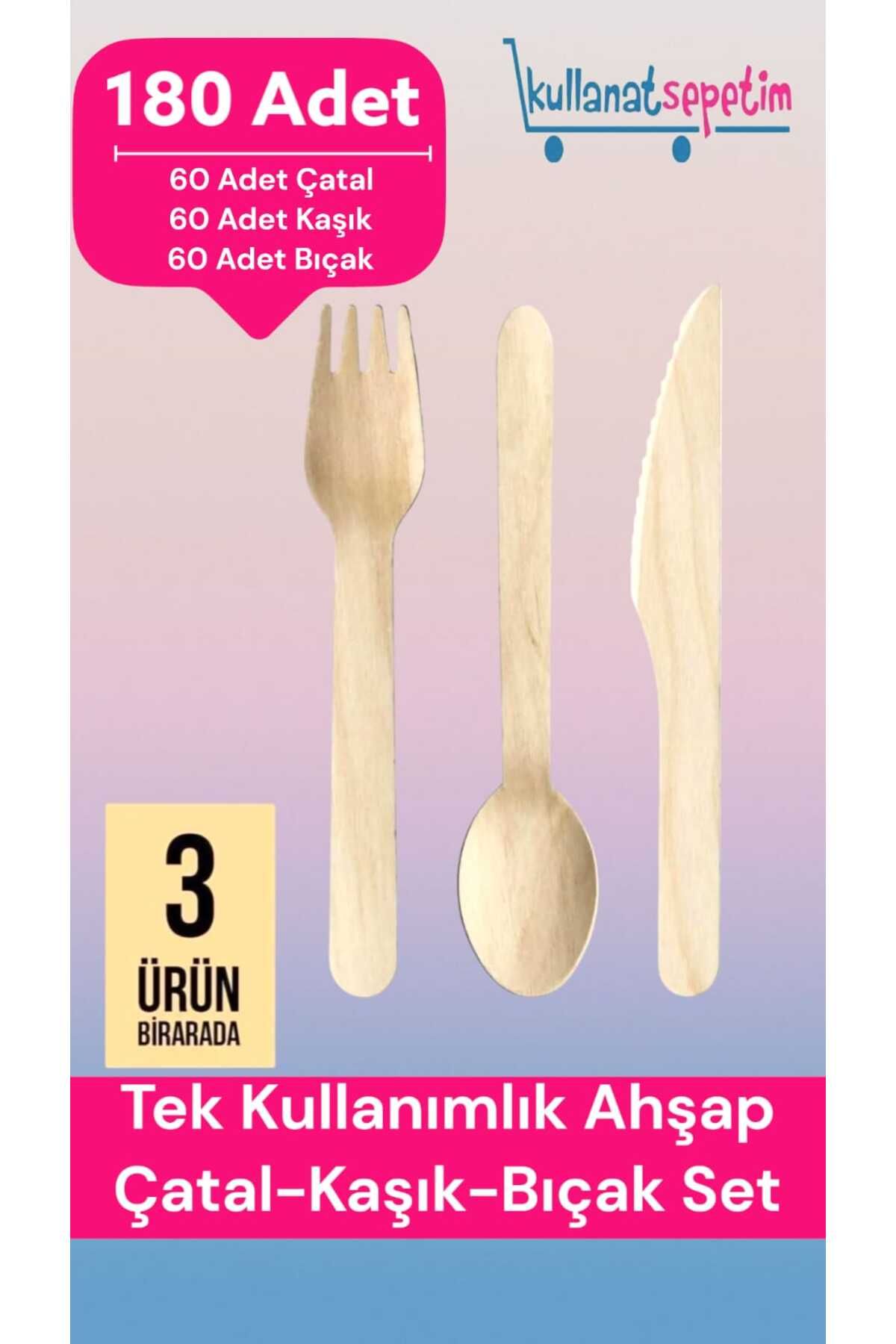 Kullanatsepetim Kullan At Ahşap Tahta Kaşık Çatal Bıçak Set 180 Adet ( 60 Çatal 60 Kaşık 60 Bıçak)