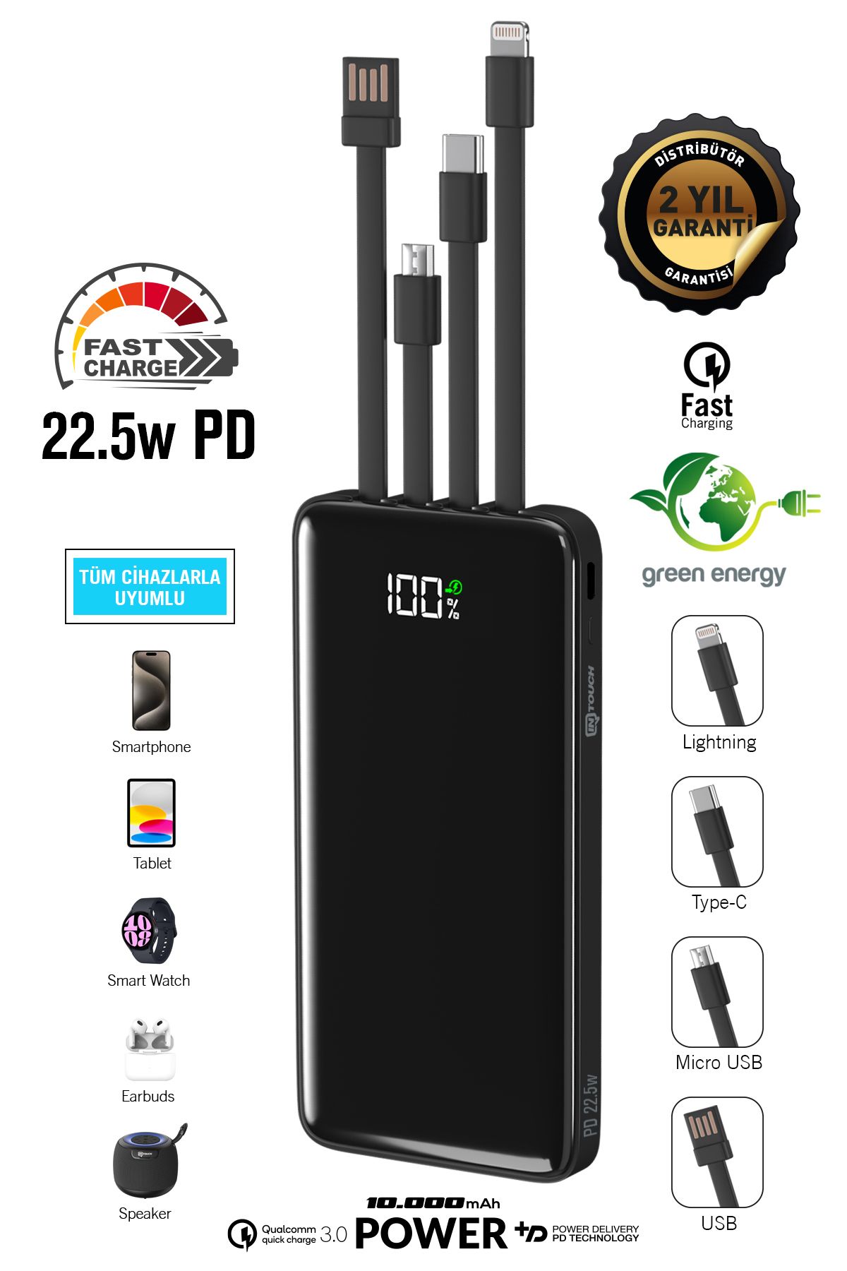 İntouch 10.000 Mah Quick 22,5W PD QC 3.0 Dijital Göstergeli Dahili Çoklu Kablolu Powerbank,Md