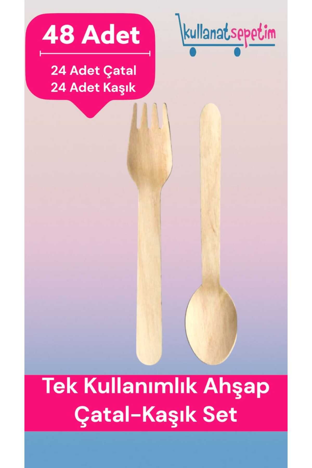 Kullanatsepetim Kullan At Ahşap Tahta Kaşık Çatal Bıçak Set 48 Adet ( 24 Çatal 24 Kaşık)