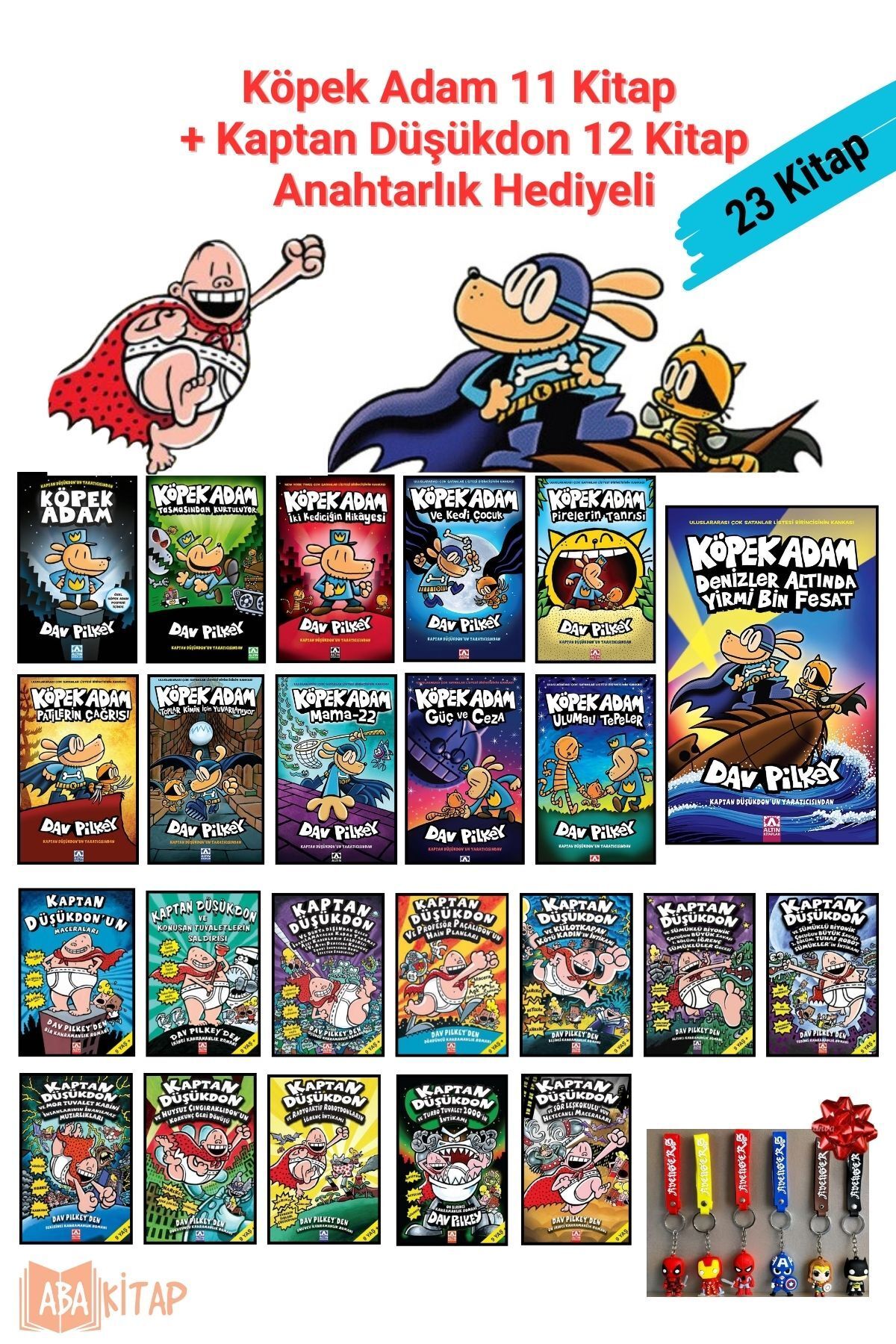 Altın Kitaplar Köpek Adam 11 Kitap, Kaptan Düşükdon 12 Kitap, Dav PILKEY, 23 Kitap Set, Anahtarlık Hediyeli