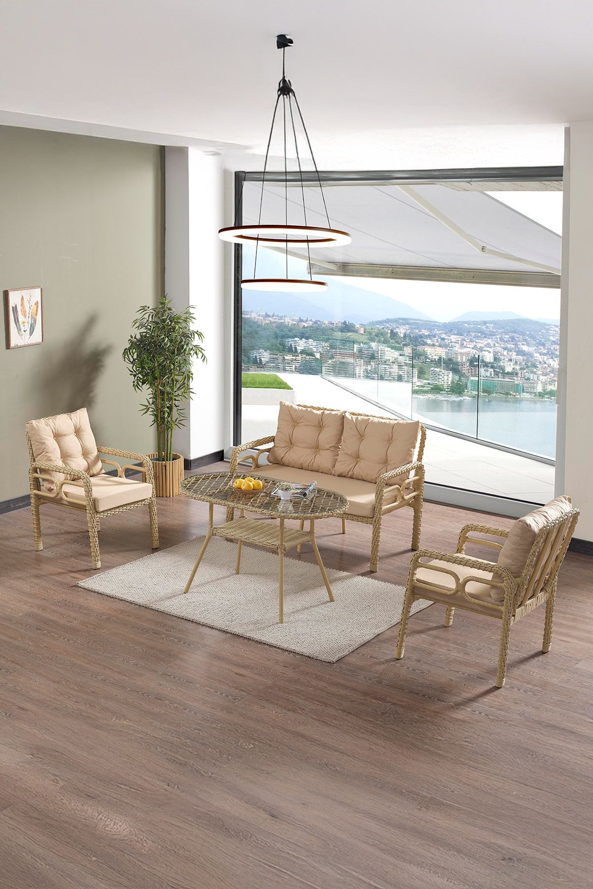 Evdemo Rio Rattan Bahçe Balkon Oturma Takımı 2+1+1+Camlı Masa Cappuccino