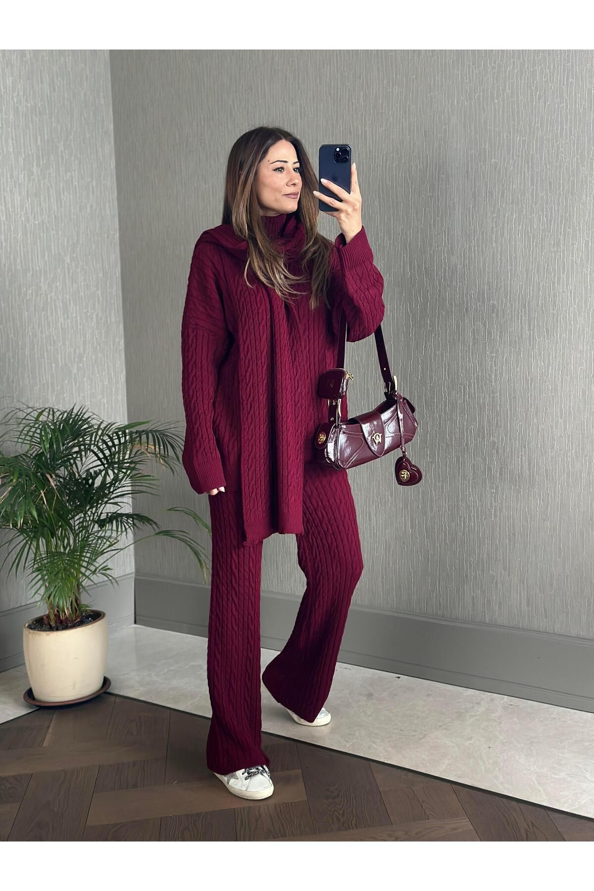 Forlady Butik Bordo Saç Örgü Atkı Kazak Pantolon Kadın Üçlü Triko Takım