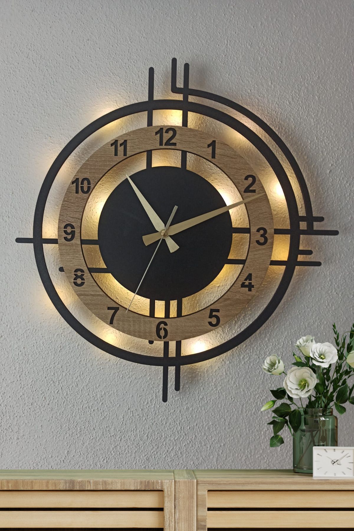 Blackdekor Dekoratif Modern Işıklı Duvar Saati Sonoma Rengi | 50 cm Şık LED Aydınlatmalı Saat