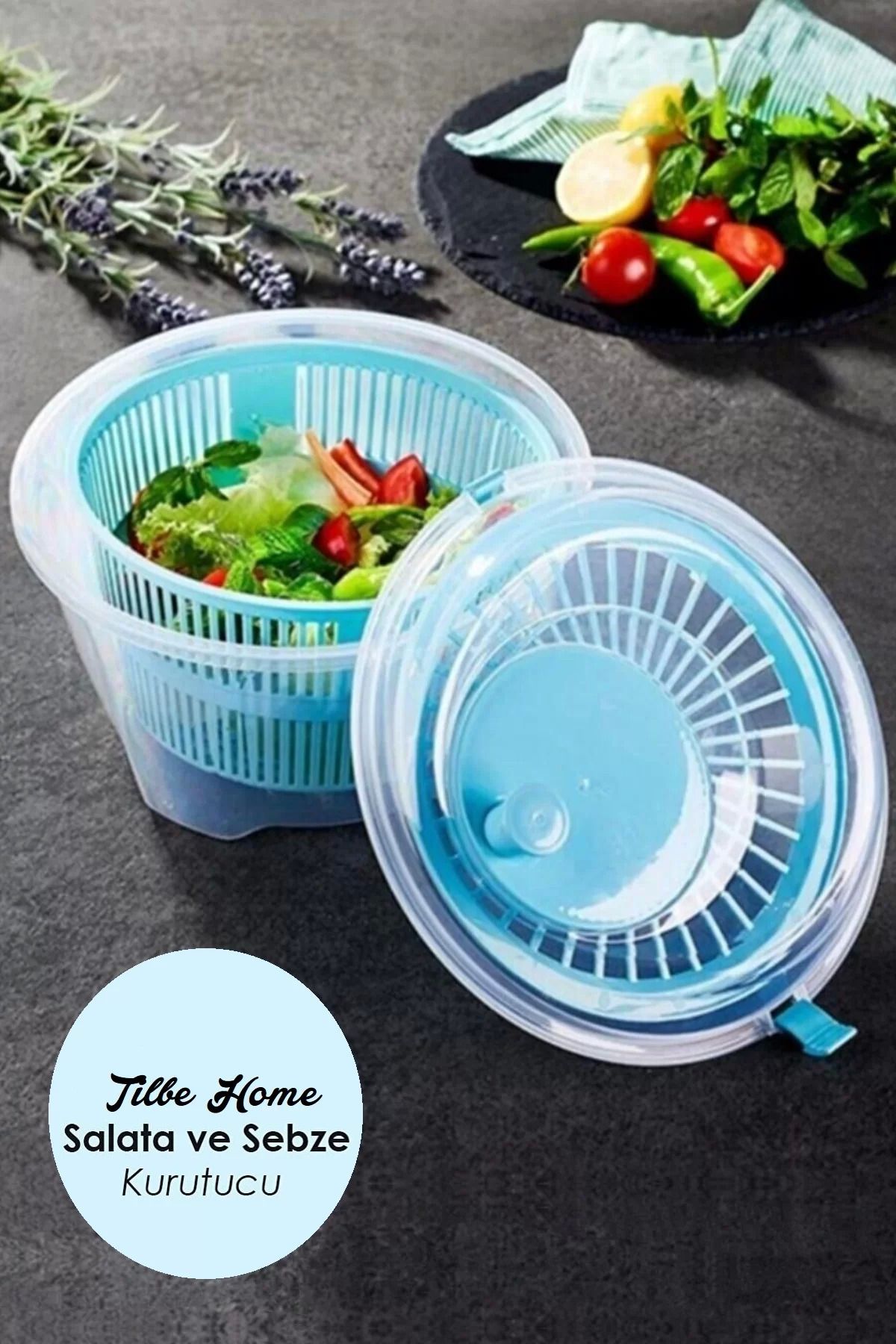 EMR SHOP Salata Kurutucu Meyve Sebze Kurutma Makinesi Kilitli Yeşillik Süzgeci Kollu Çevirmeli Salad Spinner