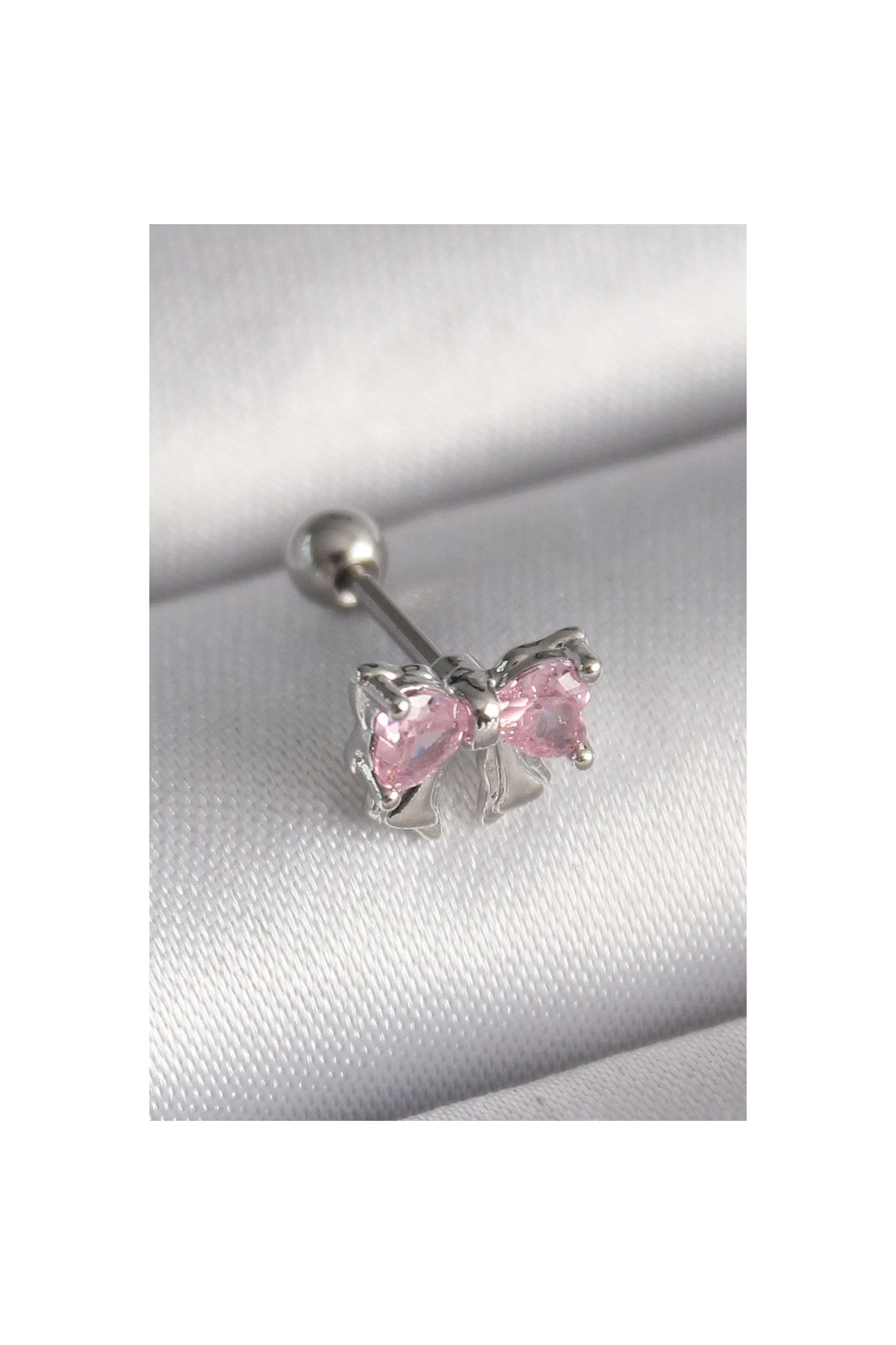 Narnuga 316L Çelik Gümüş Renk Pembe Zirkon Taşlı Fiyonk Tragus Piercing - TJ-PR1251