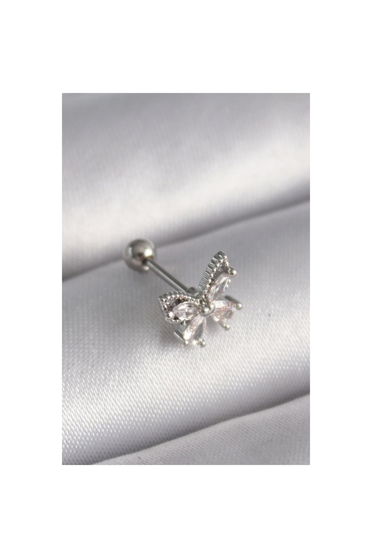 Narnuga 316L Çelik Gümüş Renk Zirkon Taşlı Kelebek Tragus Piercing - TJ-PR1233