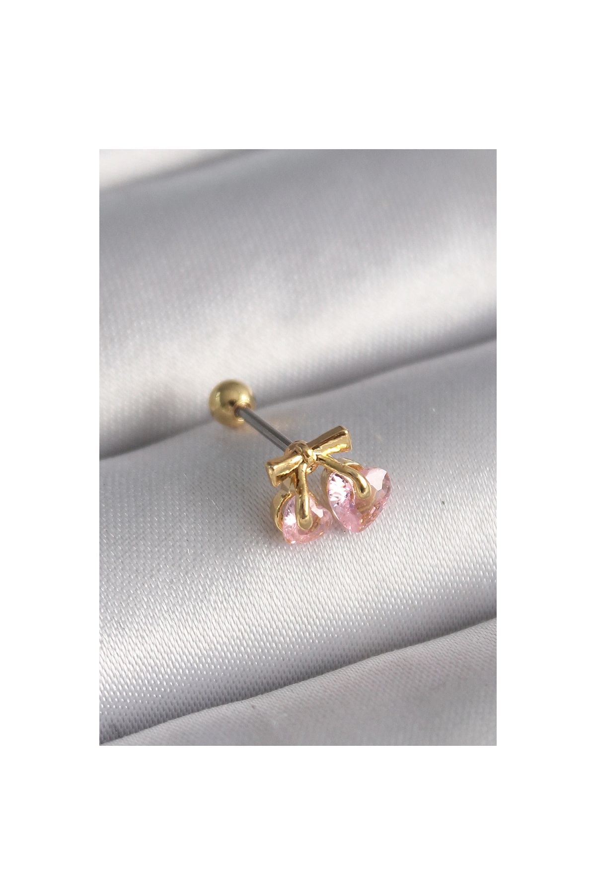 Narnuga 316L Çelik Gold Renk Pembe Zirkon Taşlı Kalp Tragus Piercing - TJ-PR1234