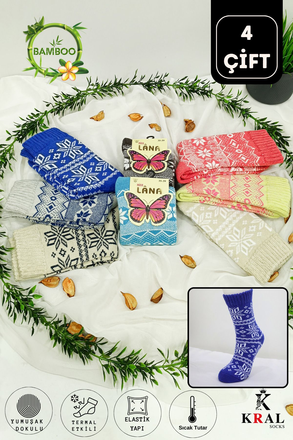 KRAL SOCKS Kadın Havlu 4 Çift Kışlık Yün Çorap (BAMBU YÜN) Ilkbahar Serisi