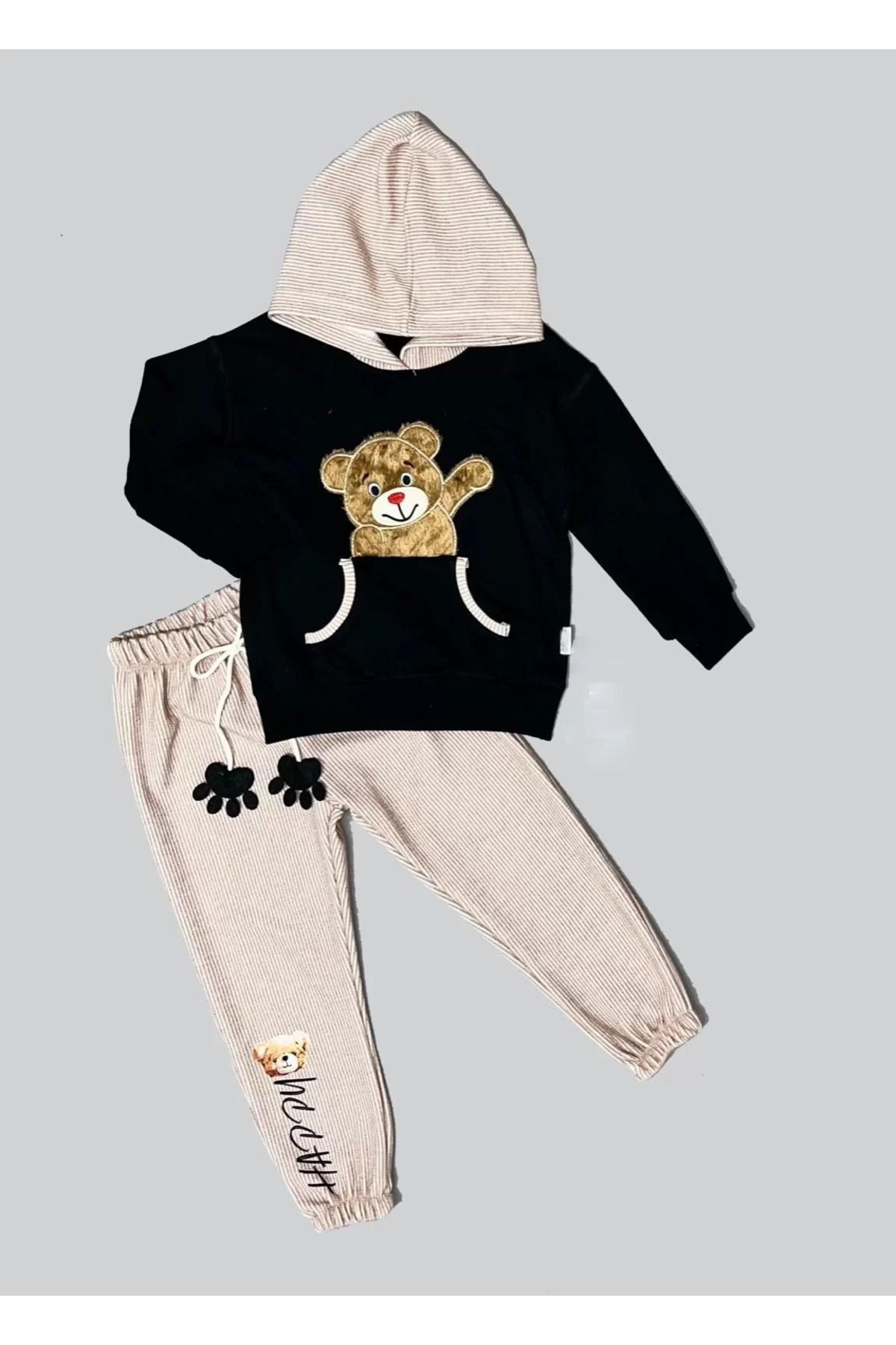 Mu Art 2-3-4 Yaş Pelüş Ayı Desenli Kapşonlu Uzun Kollu Penye Sweat 2Li Erkek Çocuk Takımı Siyah