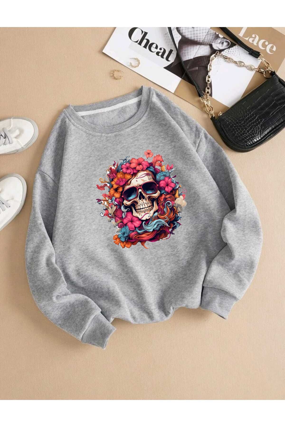 BU Wear-Gray Oversize Sweatshirt - Crew Neck, Figure Pattern Printed, Thick Winter 1