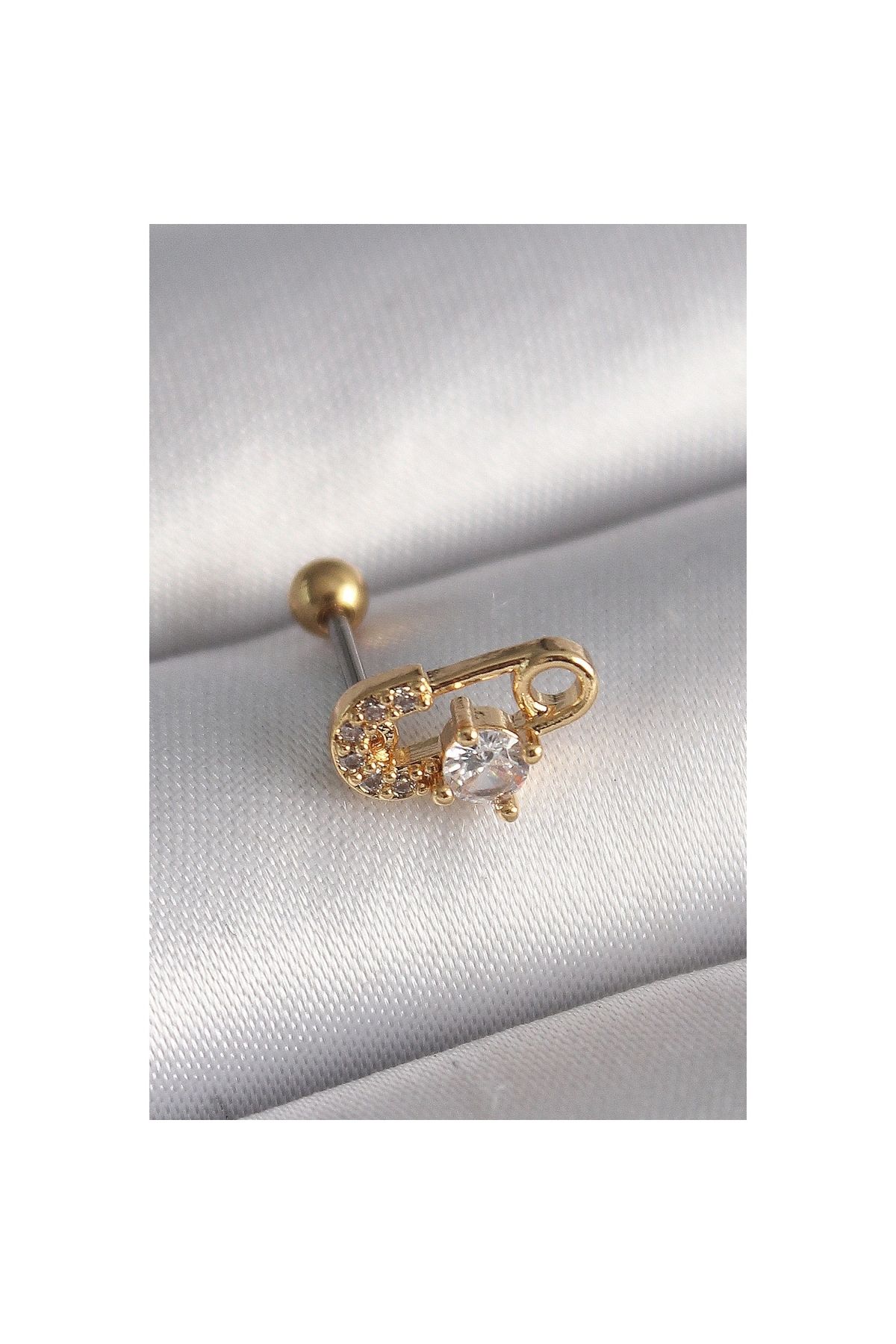 Narnuga 316L Çelik Gold Renk Zirkon Taşlı Toplu İğne Tragus Piercing - TJ-PR1274