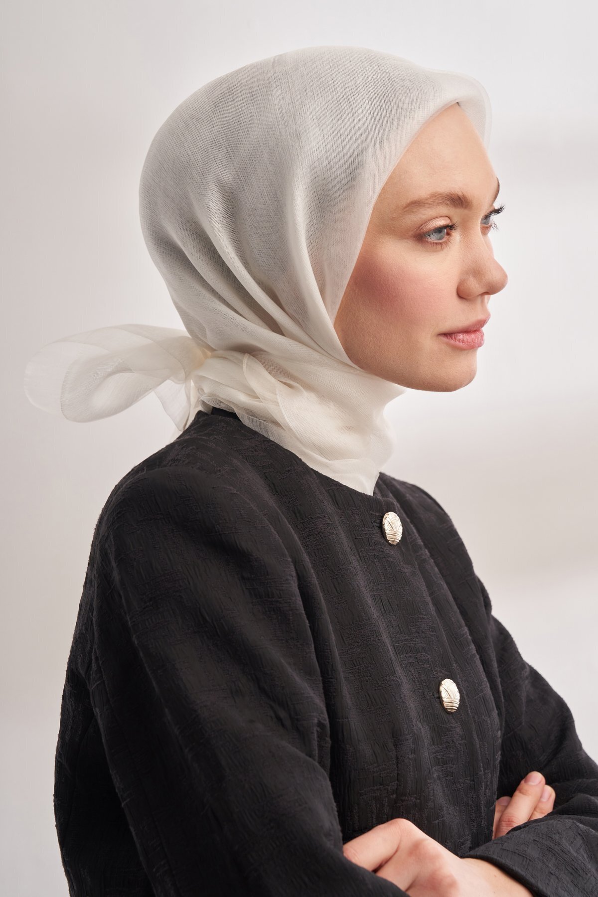 30% Silk Double Layer Tulle Scarf - Ecru