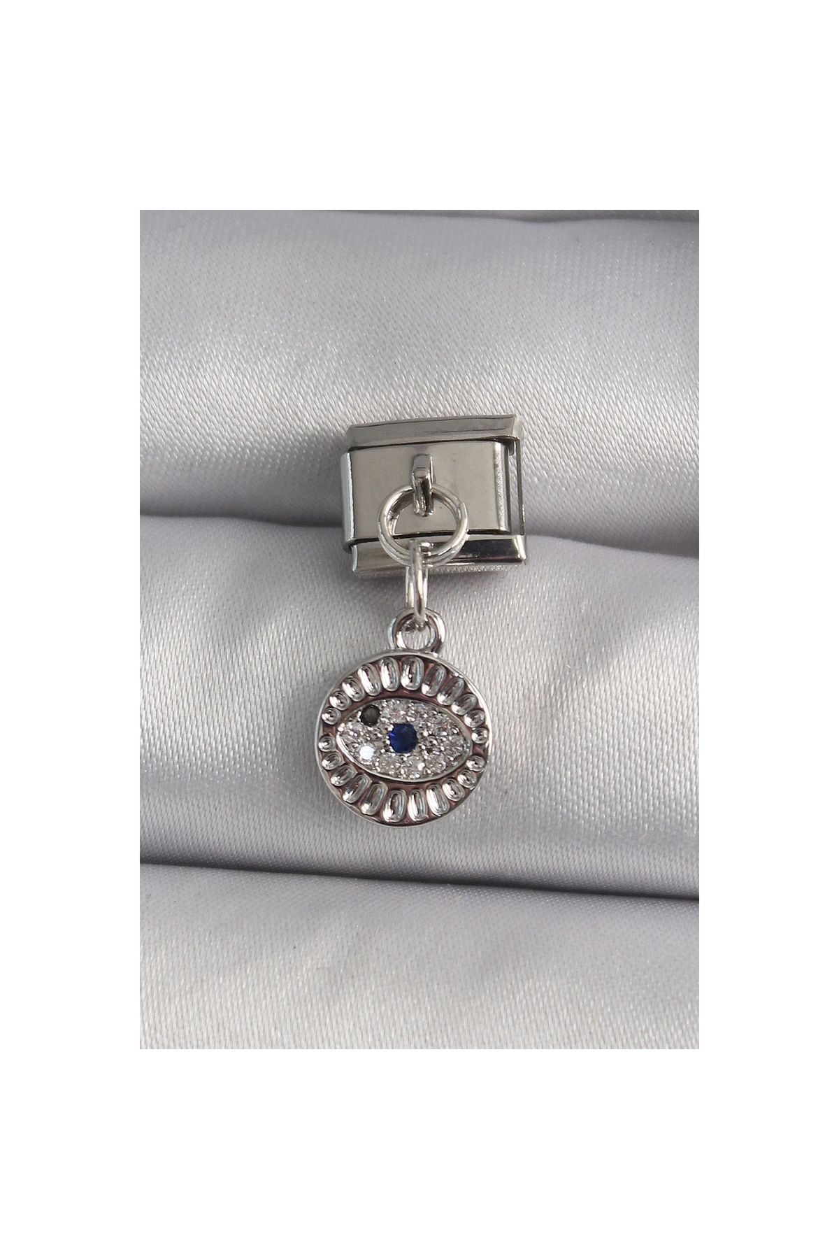 Narnuga 316L Çelik Gümüş Renk Sallantı Zirkon Taşlı Göz Model Nomination Charm - TJ-BC1157