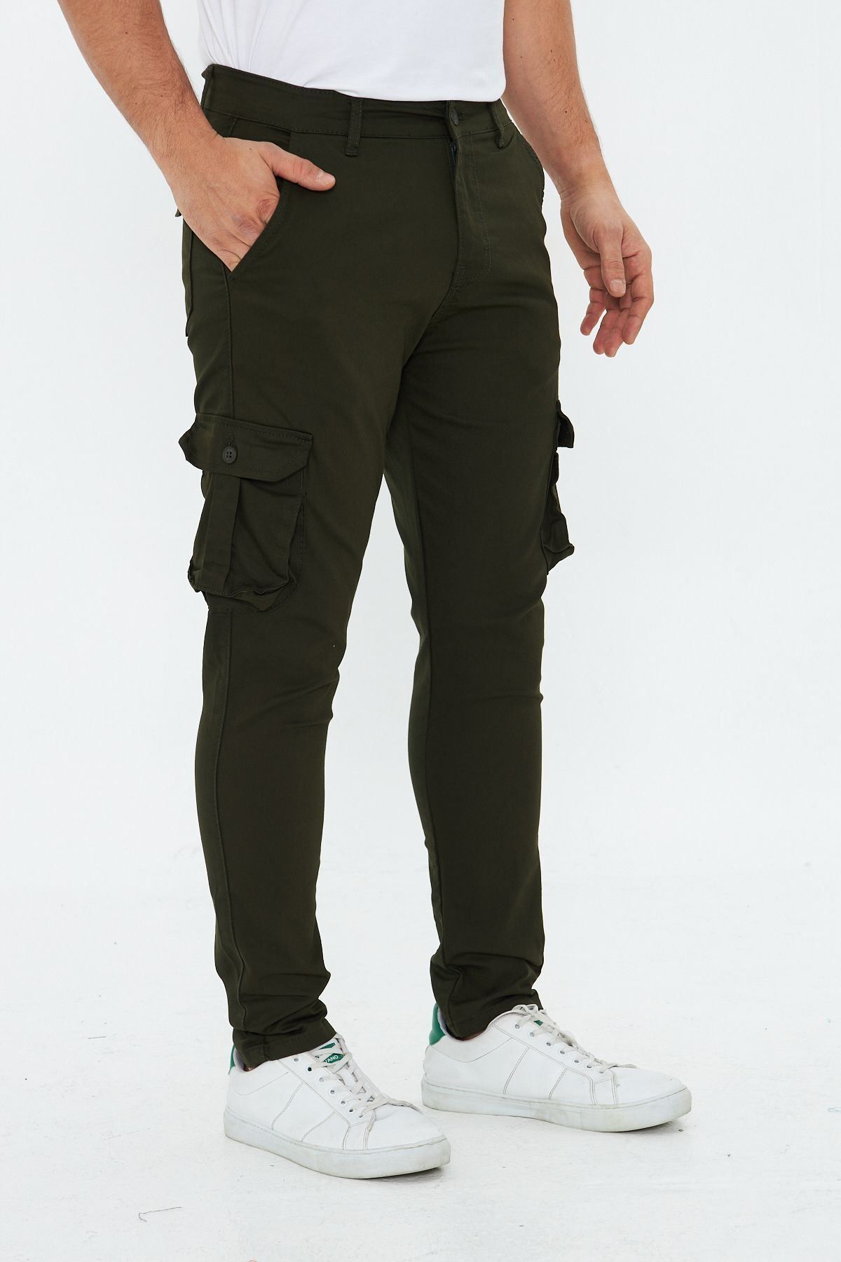 Oyga-Pantaloni cargo pentru bărbați, slim fit, cu buzunare laterale, cu centură în talie, cu picioare drepte 5