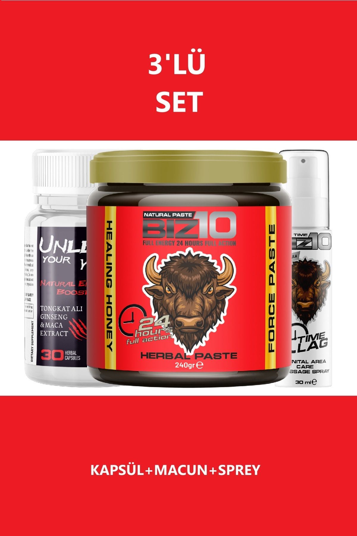 Biz10 Full Energy 24 Hours Full Action Biz10 Epimedium Ginsengli Macun 240gr + Unleash Wolf 30'lu Performans,+ Sprey