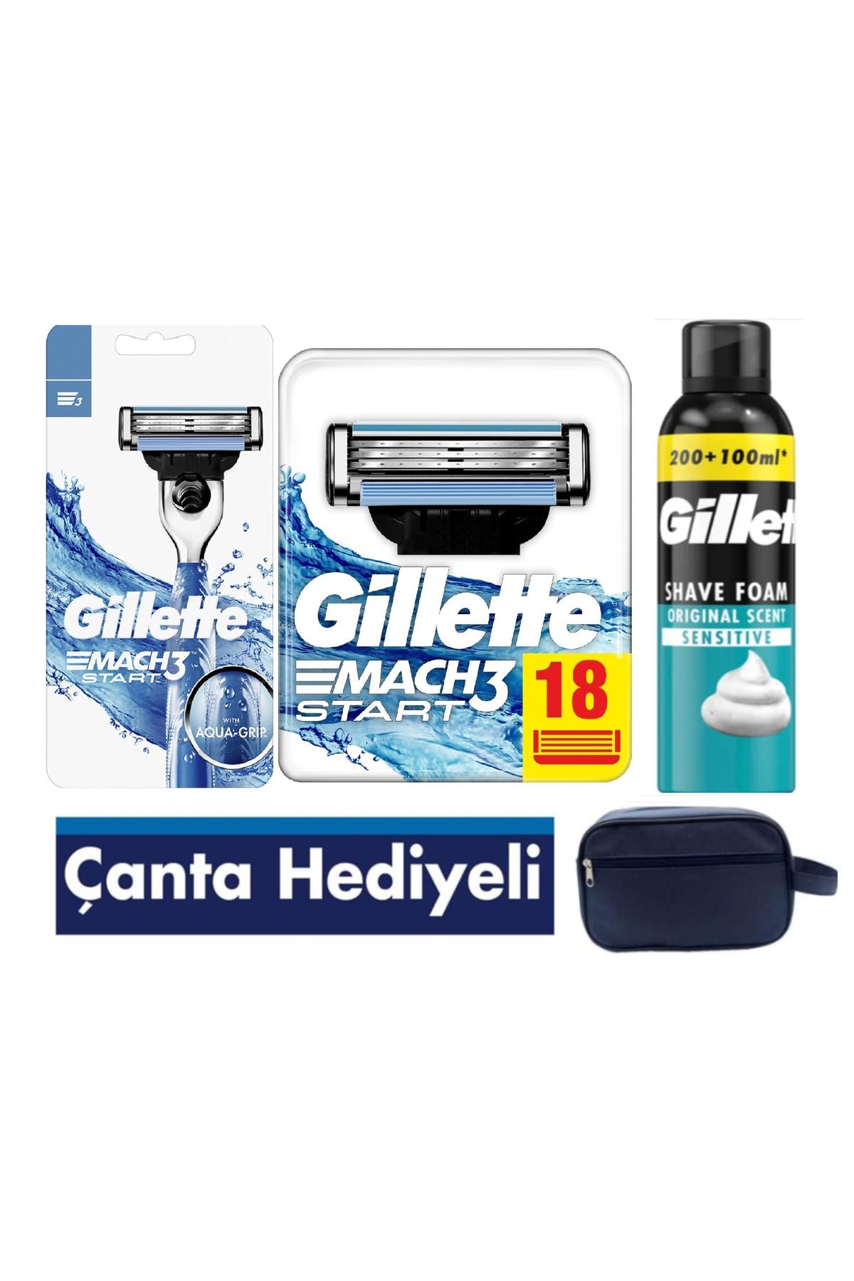 Gillette Mach3 Start Aquagrip Tıraş Makinesi + 18 Adet Yedek Tıraş Bıçağı + 250 Ml Köpük +çanta