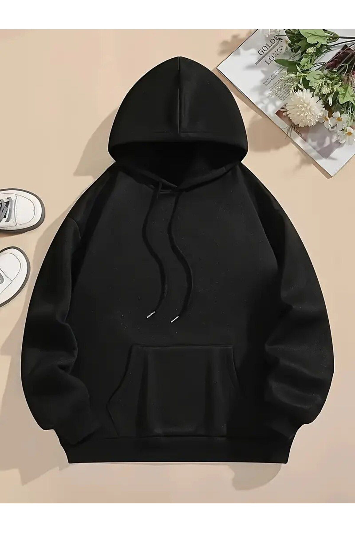 LAND MODA Unisex Siyah Kapüşonlu anime Baskılı Sweatshirt