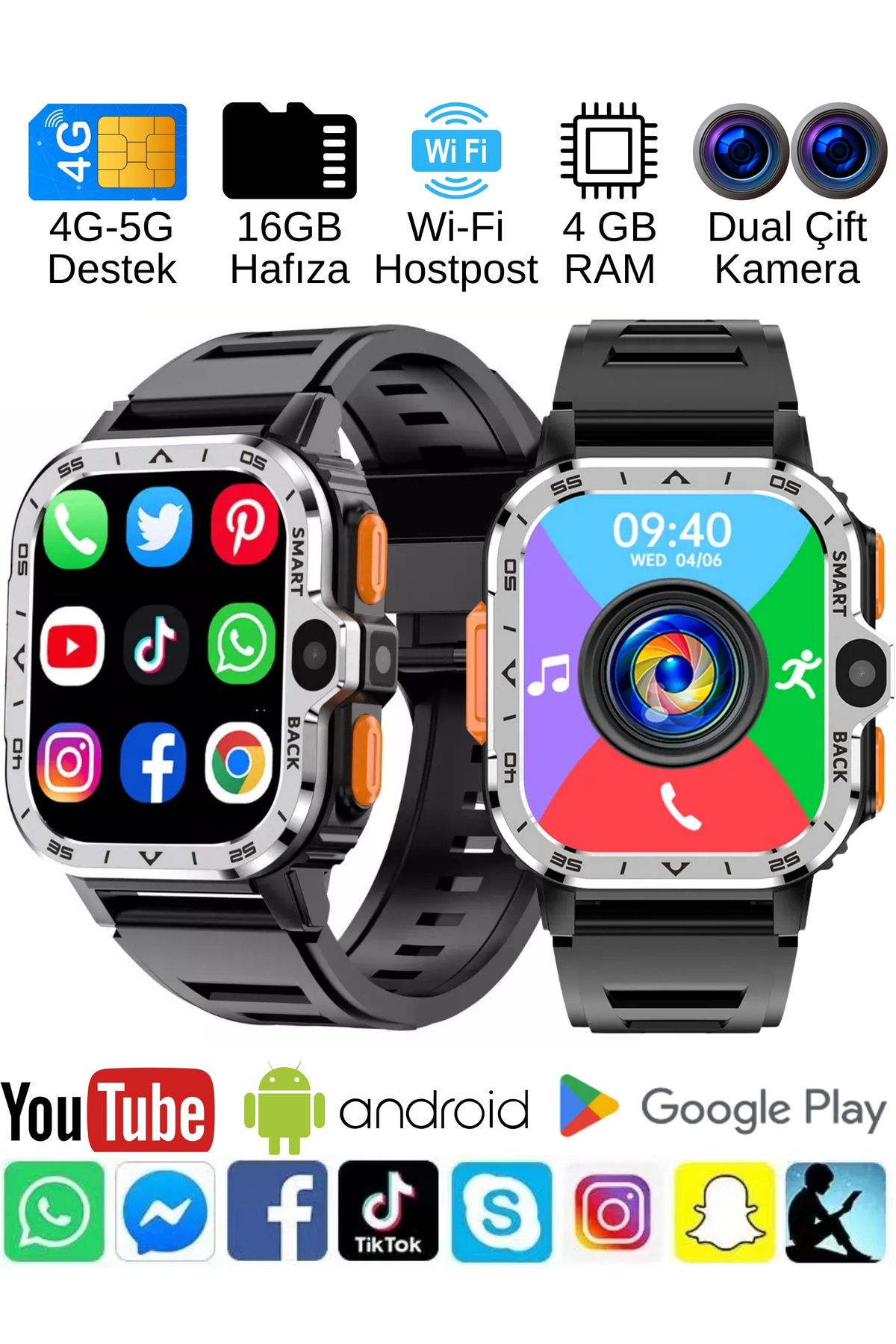 SONREİR Watch PG Ultra 4G LTE 16GB Sim Kartlı Kameralı Akıllı Saat Wi-Fi Çocuk Huawei İphone Uyumlu 8,9,10