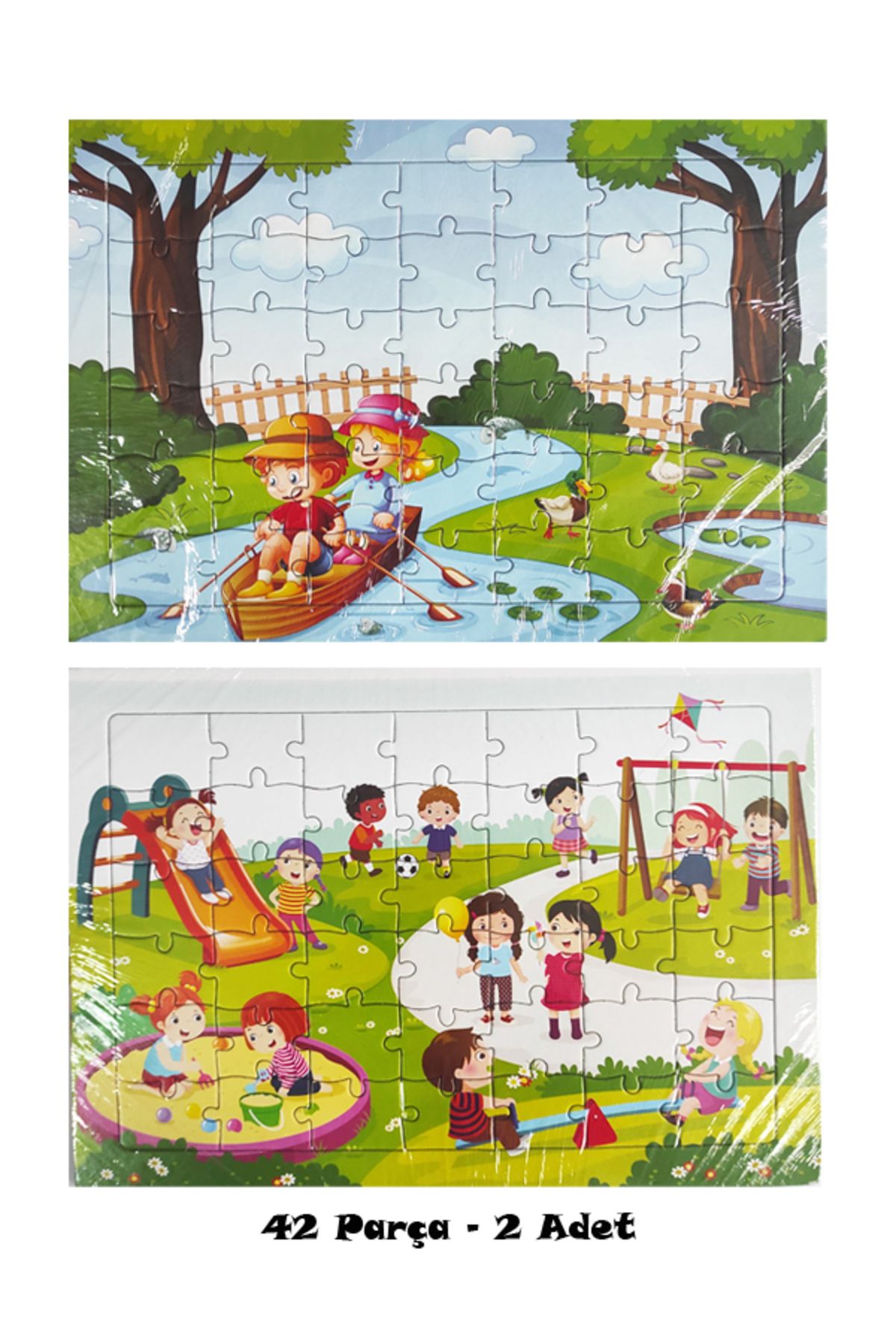 dudu kids 2 Adet 42 Parça Karton Yapboz Puzzle 4-5 Yaş - Çocuk Parkı ve Kayıkta Çocuklar - 33x23 Cm - 3