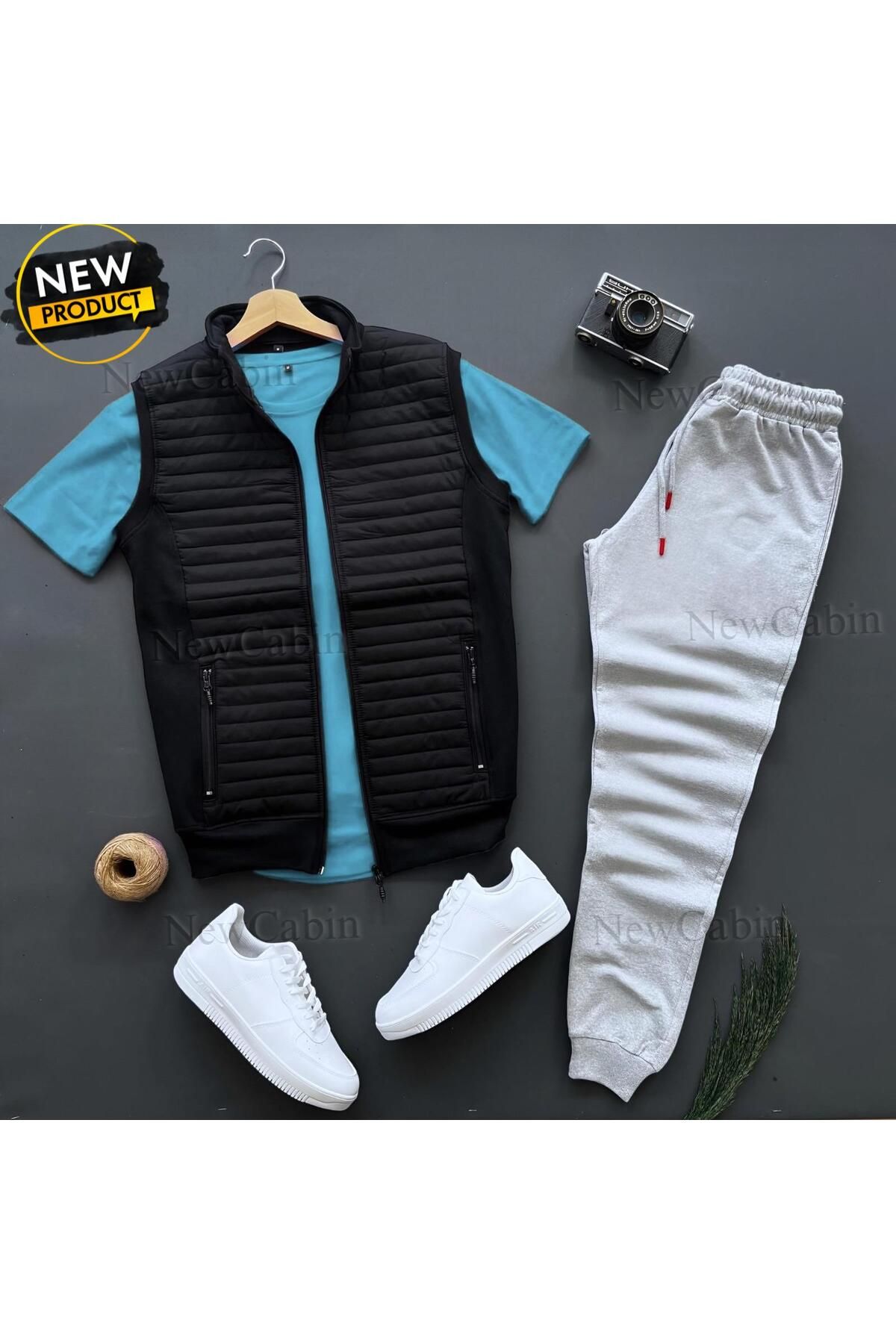 NewCabin Vestă Matlasată De Bază - Pantaloni De Sport Gri De Vară - Tricou Albastru Bebeluș 3 Piese Partea De Jos Și De Sus Unisex - M