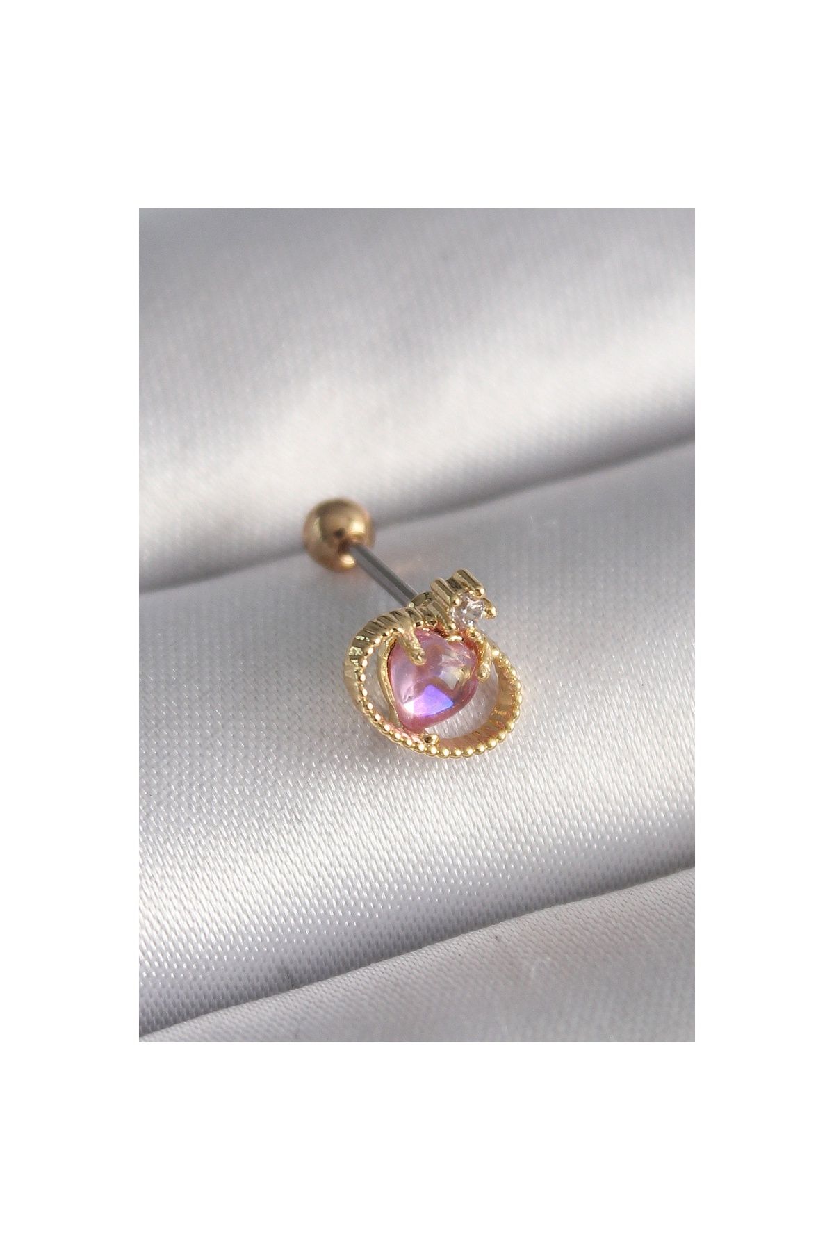 Ayder Timya 316l Çelik Gold Renk Pembe Mineli Kalp Zirkon Taş Detay Tragus Piercing - Tj-pr1272