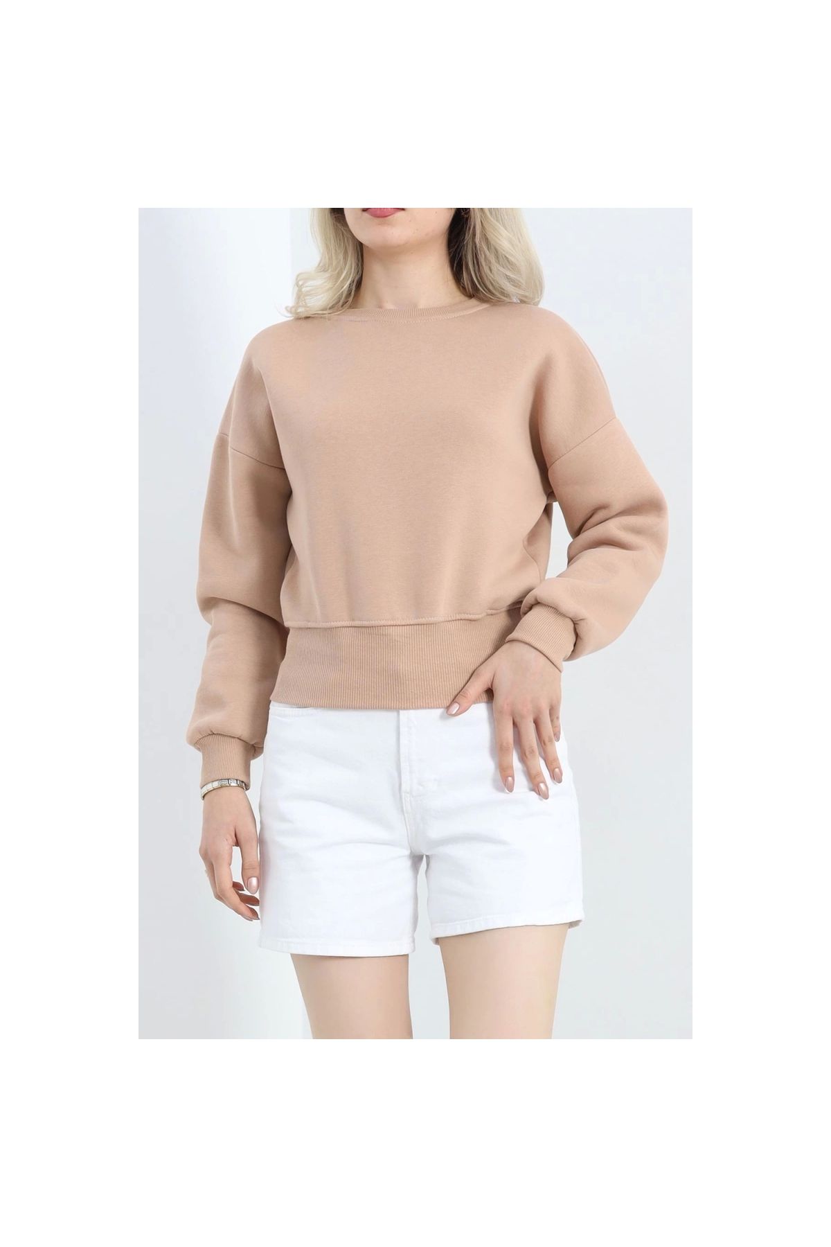 Narnuga MİRAYLİFE- Bisiklet Yaka 3 İplik Crop Sweat Bej - 20968.1878.