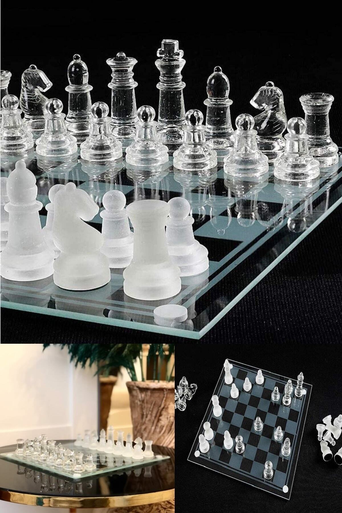 Yu Su Tools 25x25 Dekor Olarak Kullanılabilir Tamamı Camdan Satranç Zevkini Arttıran Dekoratif Cam Satranç Takım