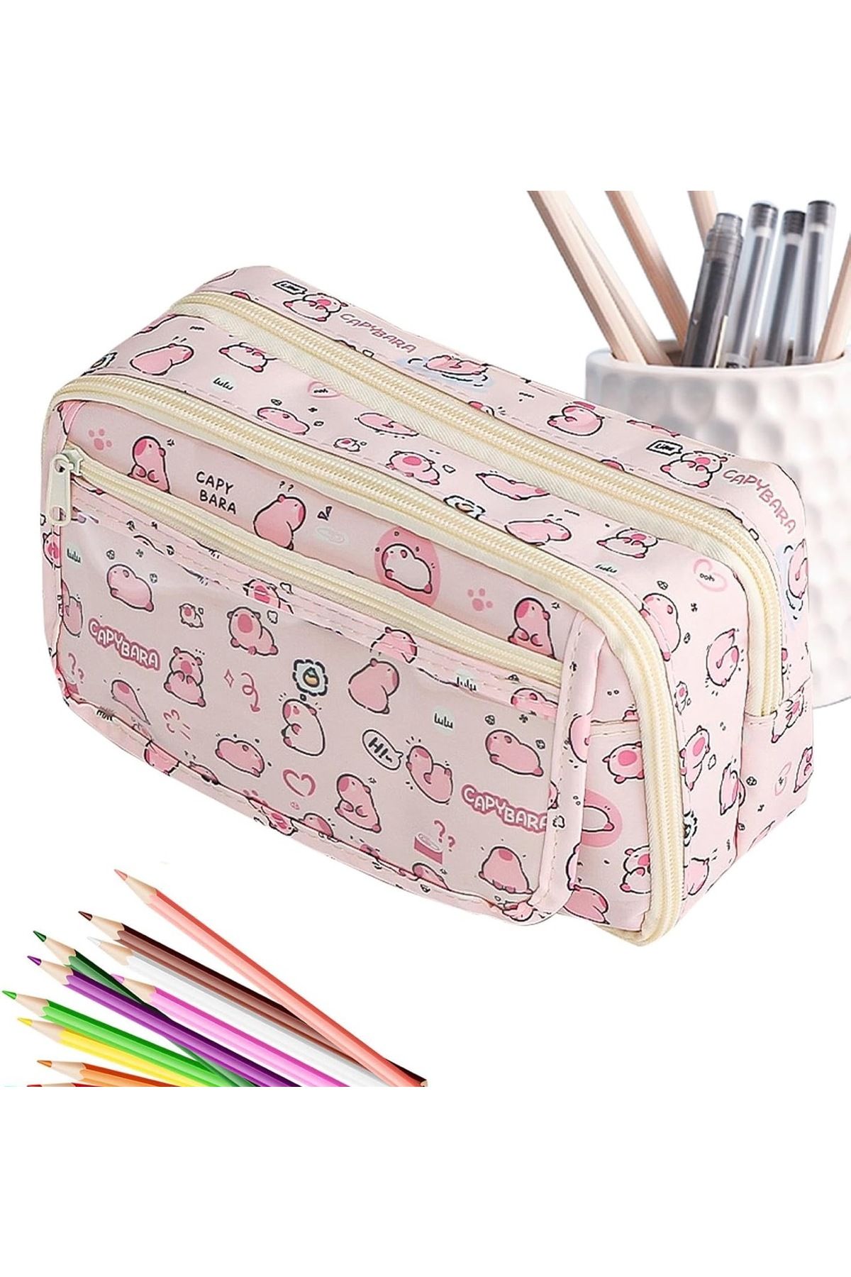 Kawai-Capybara Capybara Transparent Window Multi Compartment Large Capacity Pen Holder Pencil Case 5