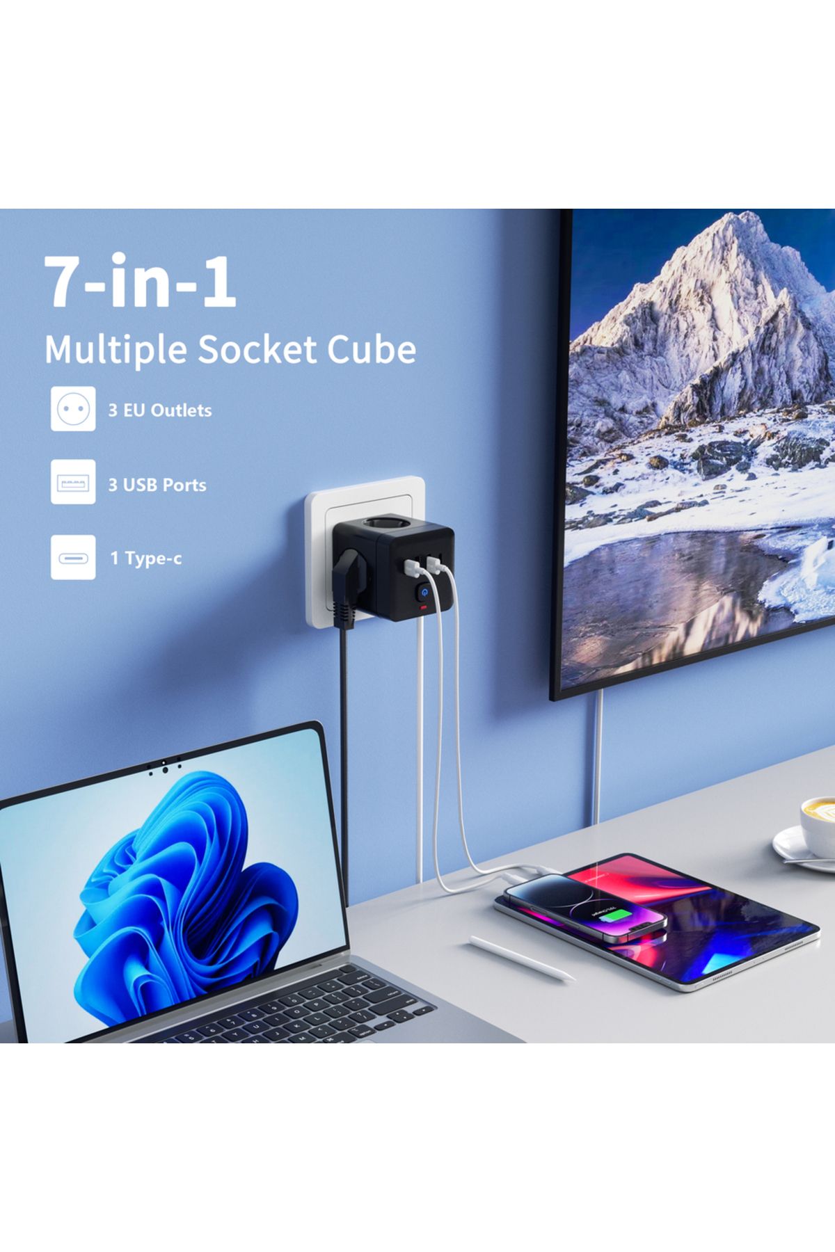 Choice-Eu Plug White 7-in-1 Eu Power Strip, Power Strip Surge Protector 3 Ac Outlets 3 Usb 1 Type-c, Deskto 4