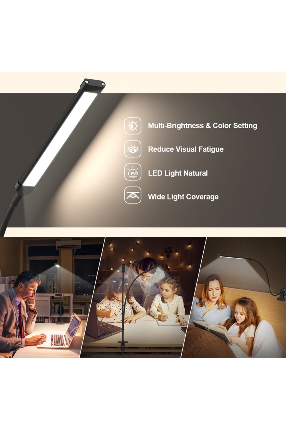 Choice-40cm Height 10W LED Desk Lamp with Clamp Dimmable Clip On Reading Light 10 Brightness Level 3 Lighti 4