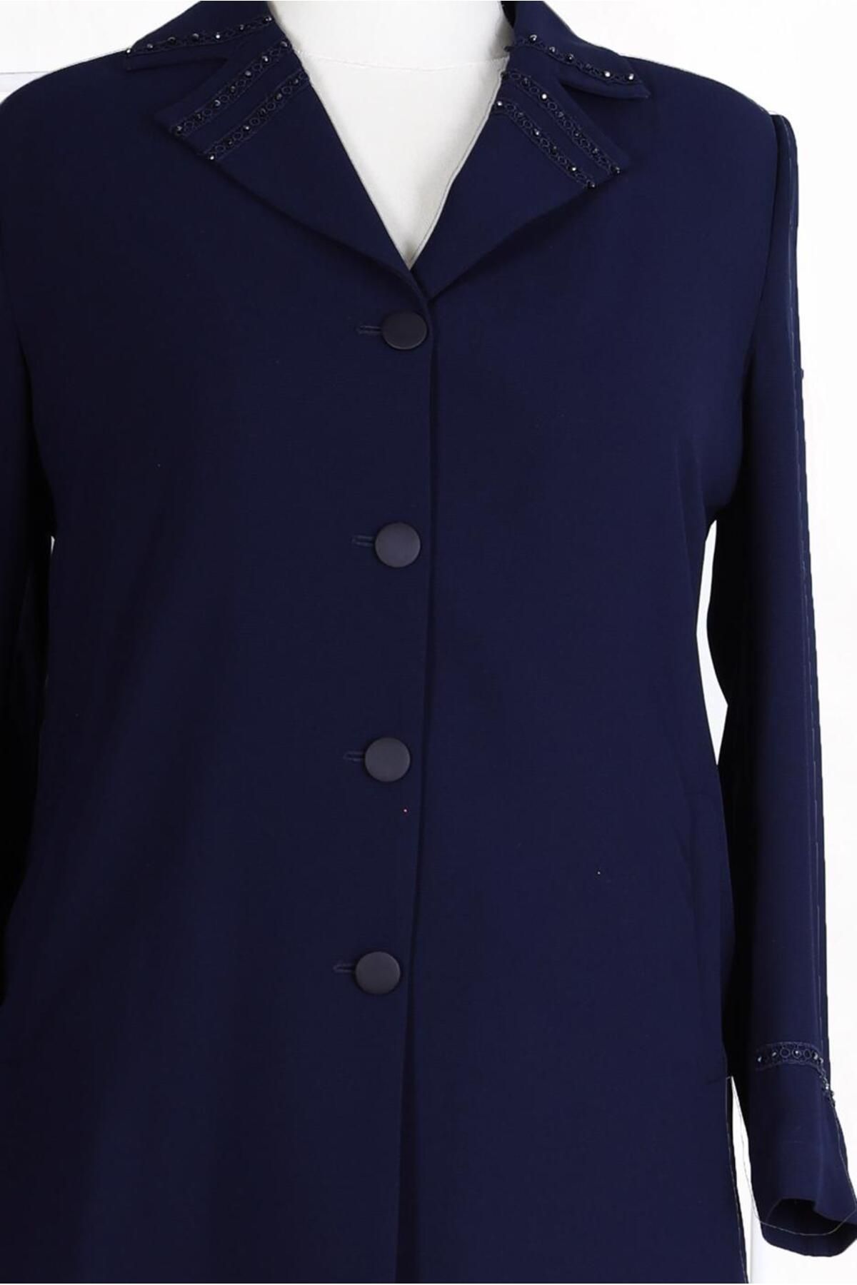 TRENDTESETTÜR-Women's Dark Blue Sleeve and Collar Detail Embroidered Trench Cotton 10229 4