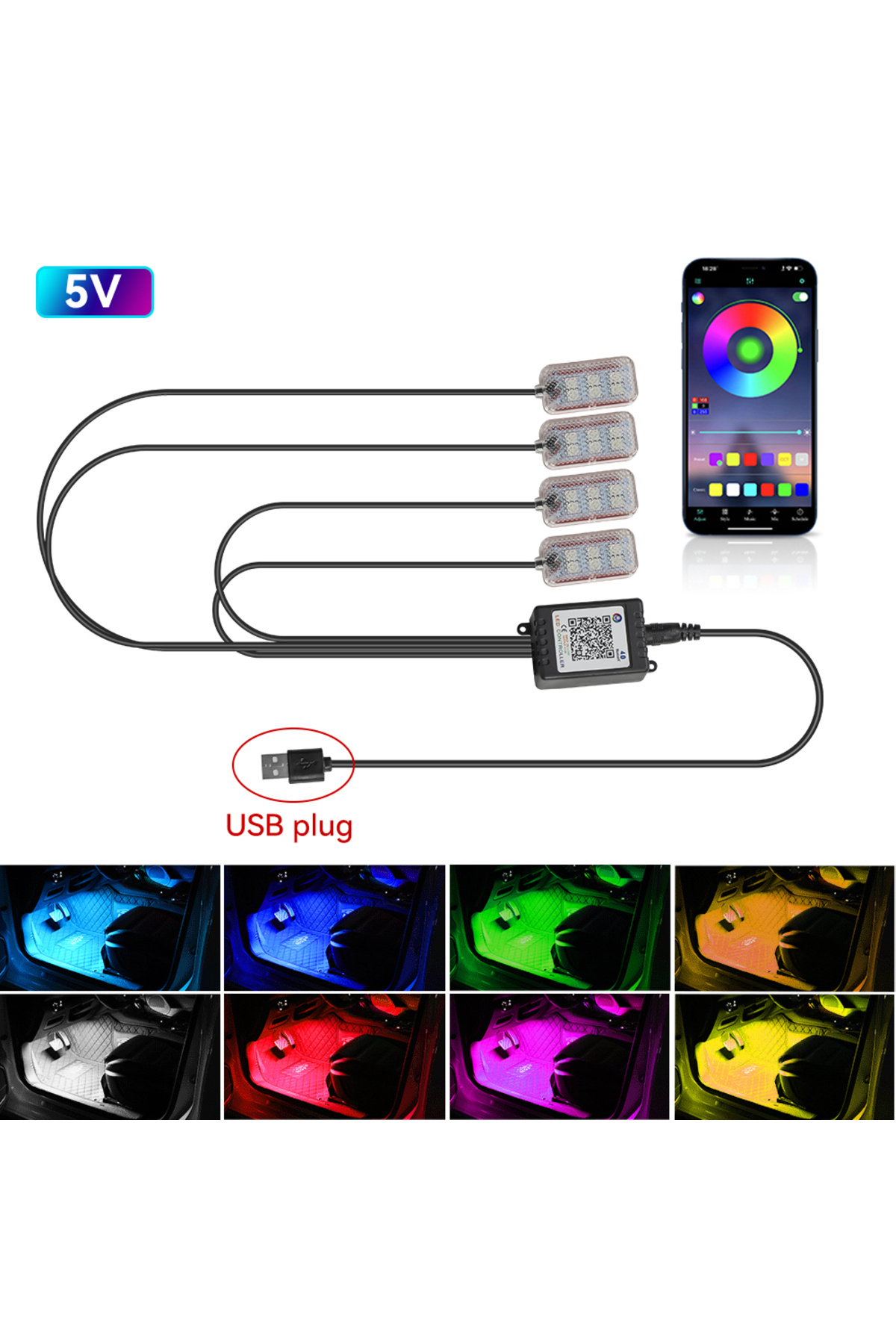 Choice 5V USB APP Car Led Interior Ambient Foot Strip Light Kit With ...