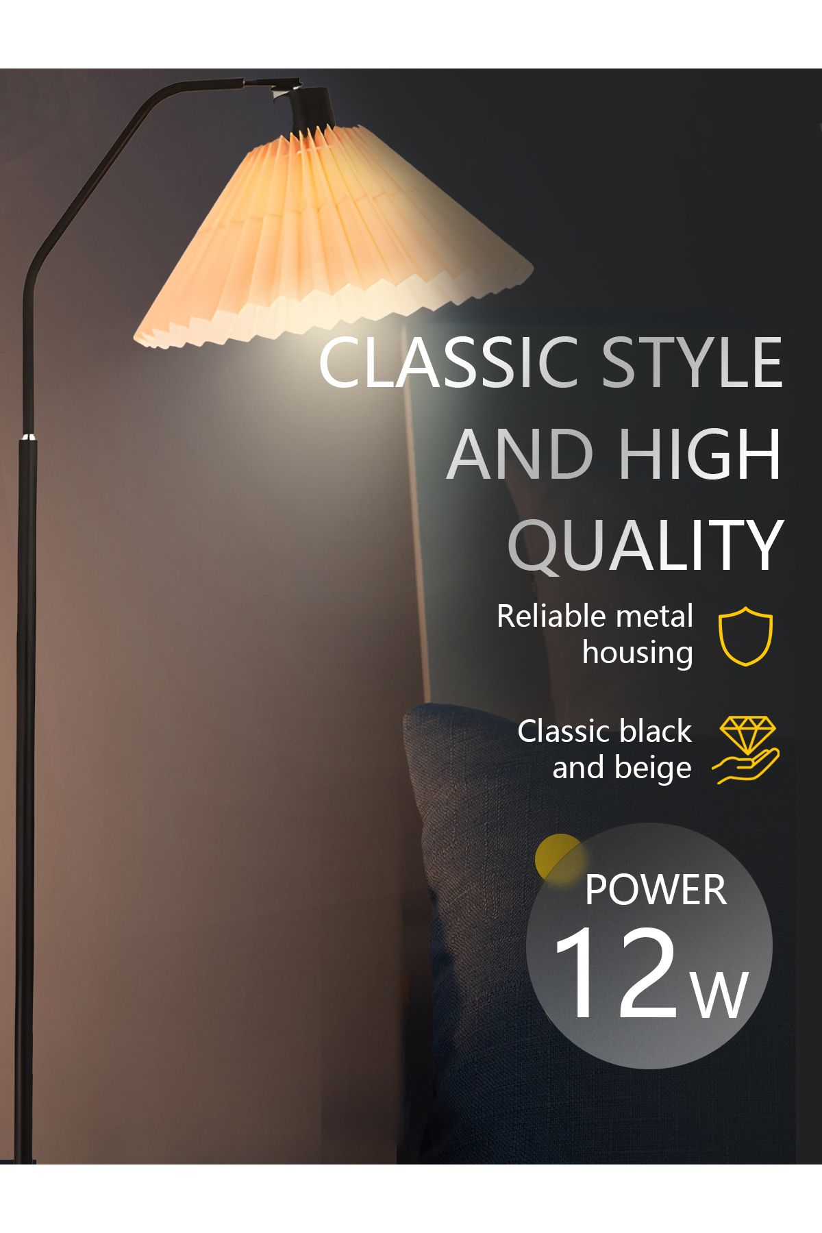 COOYA-Pleated Fabric Floor Lamp With Retro Style,3 Lighting Modes,adjustable Head,eye-caring,e27,12w 5