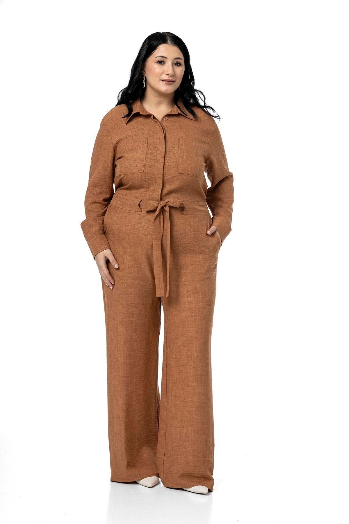 DISENTIS MODEST-Large Size Wide Leg Cinnamon Jumpsuit with Tunnel Waist and Elastic Back 5