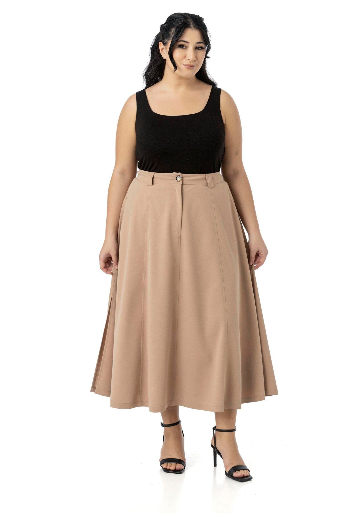 DISENTIS MODEST-Plus Size Side Slit Elastic Waist Back Midi Mink Skirt 5